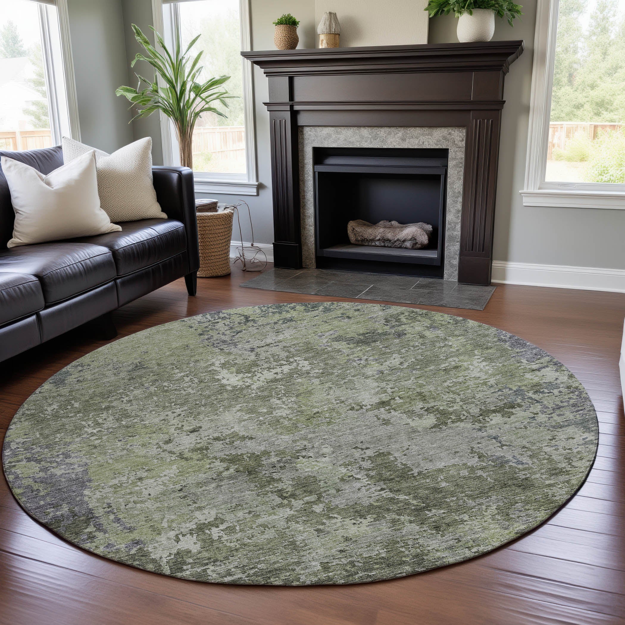 Lucerne Machine Washable Transitional Green Rug 8' x 8' #shape_Round
