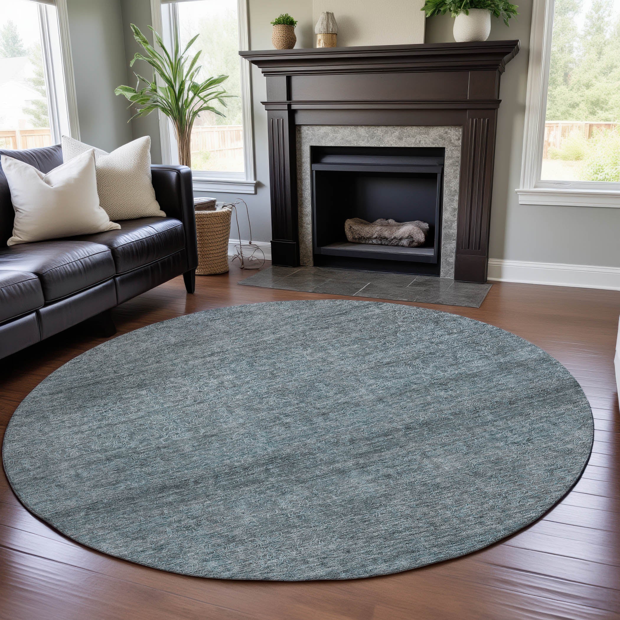 Tallinn Machine Washable Transitional Seafoam Blue Rug 8' x 8' #shape_Round