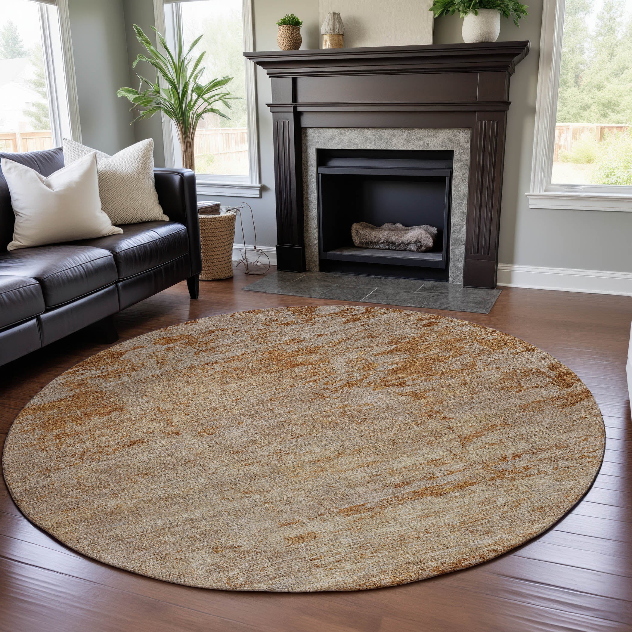 Bangkok Machine Washable Transitional Copper Orange Rug 8' x 8' #shape_Round
