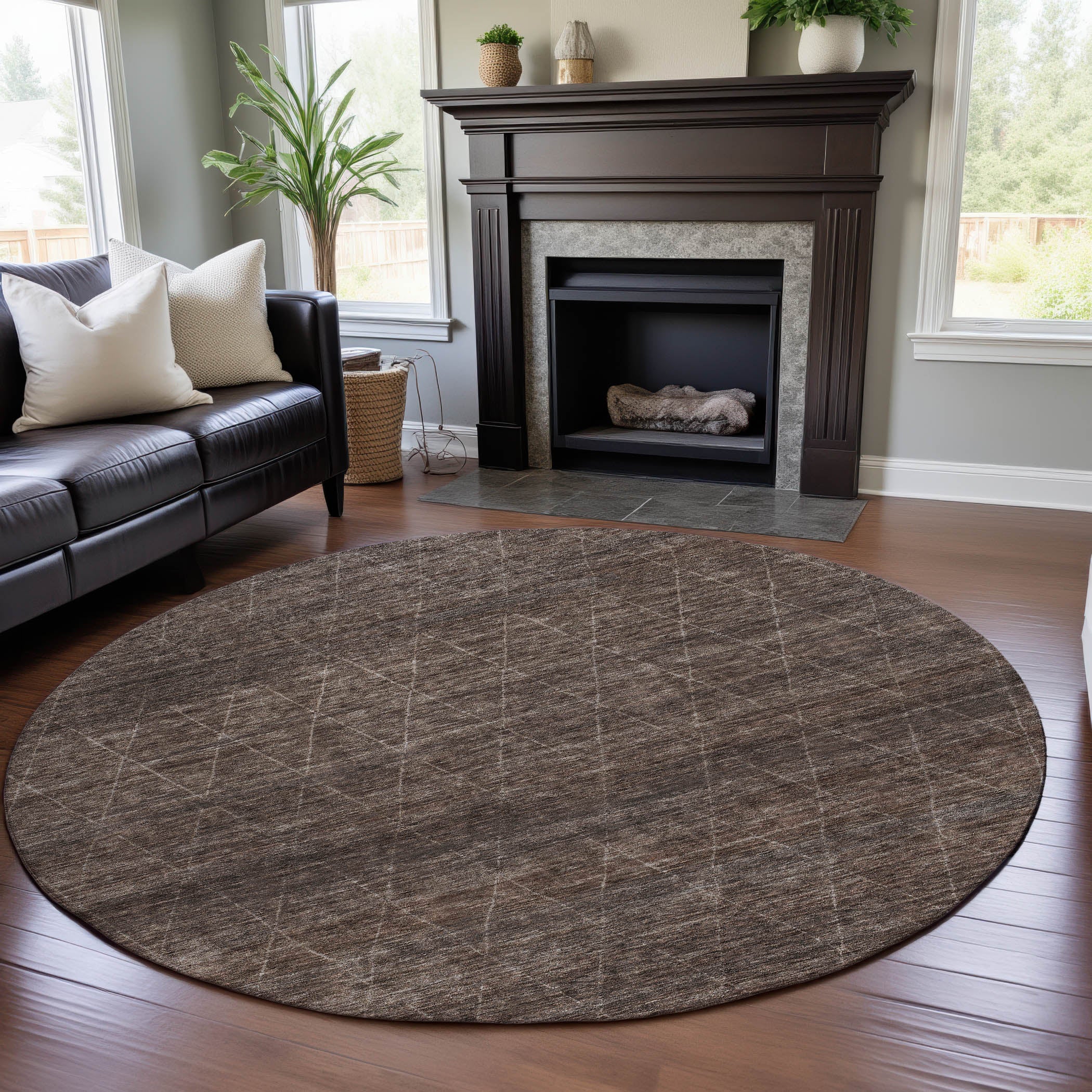 Bangkok Machine Washable Transitional Coffee Brown Rug 8' x 8' #shape_Round
