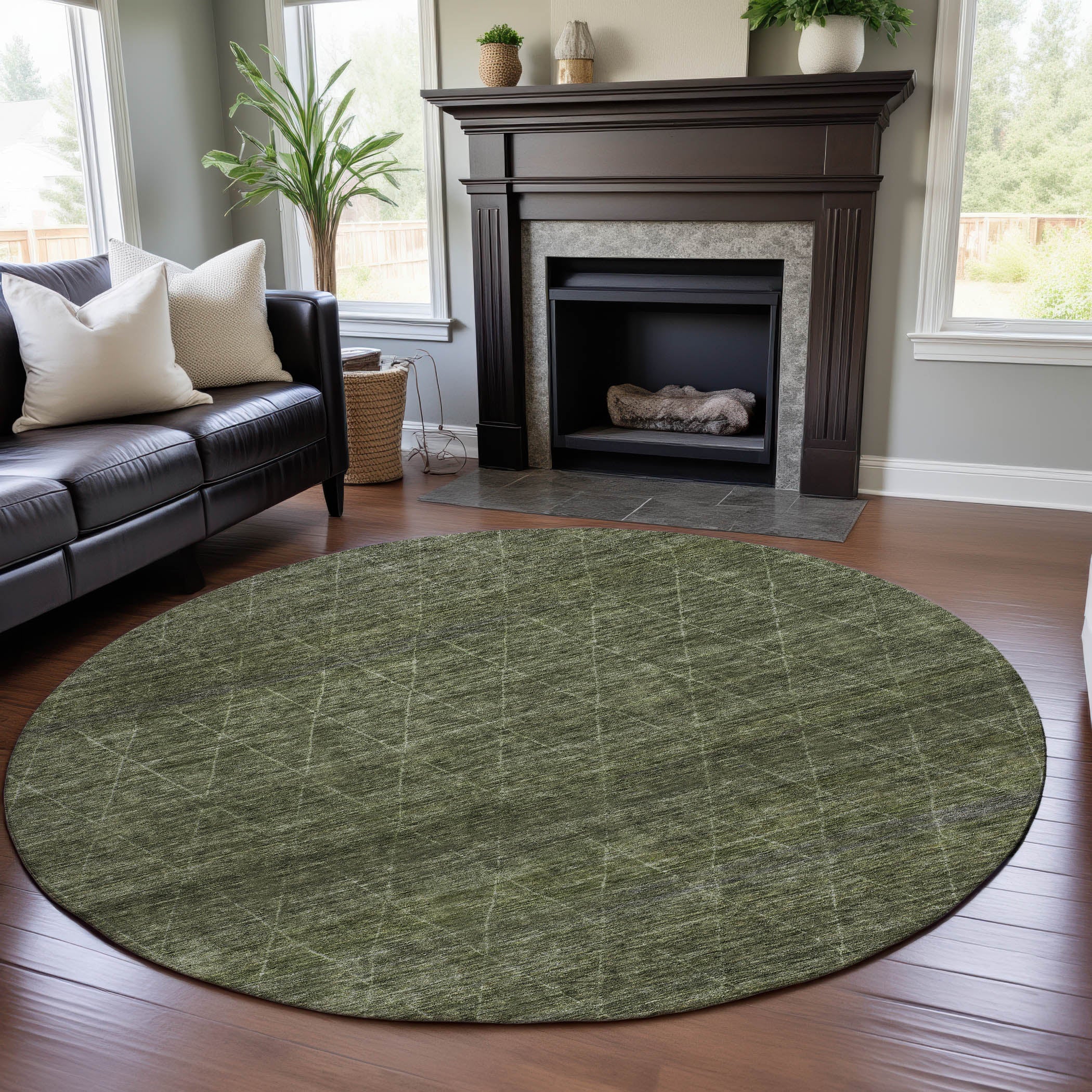 Bangkok Machine Washable Transitional Olive Green Rug 8' x 8' #shape_Round