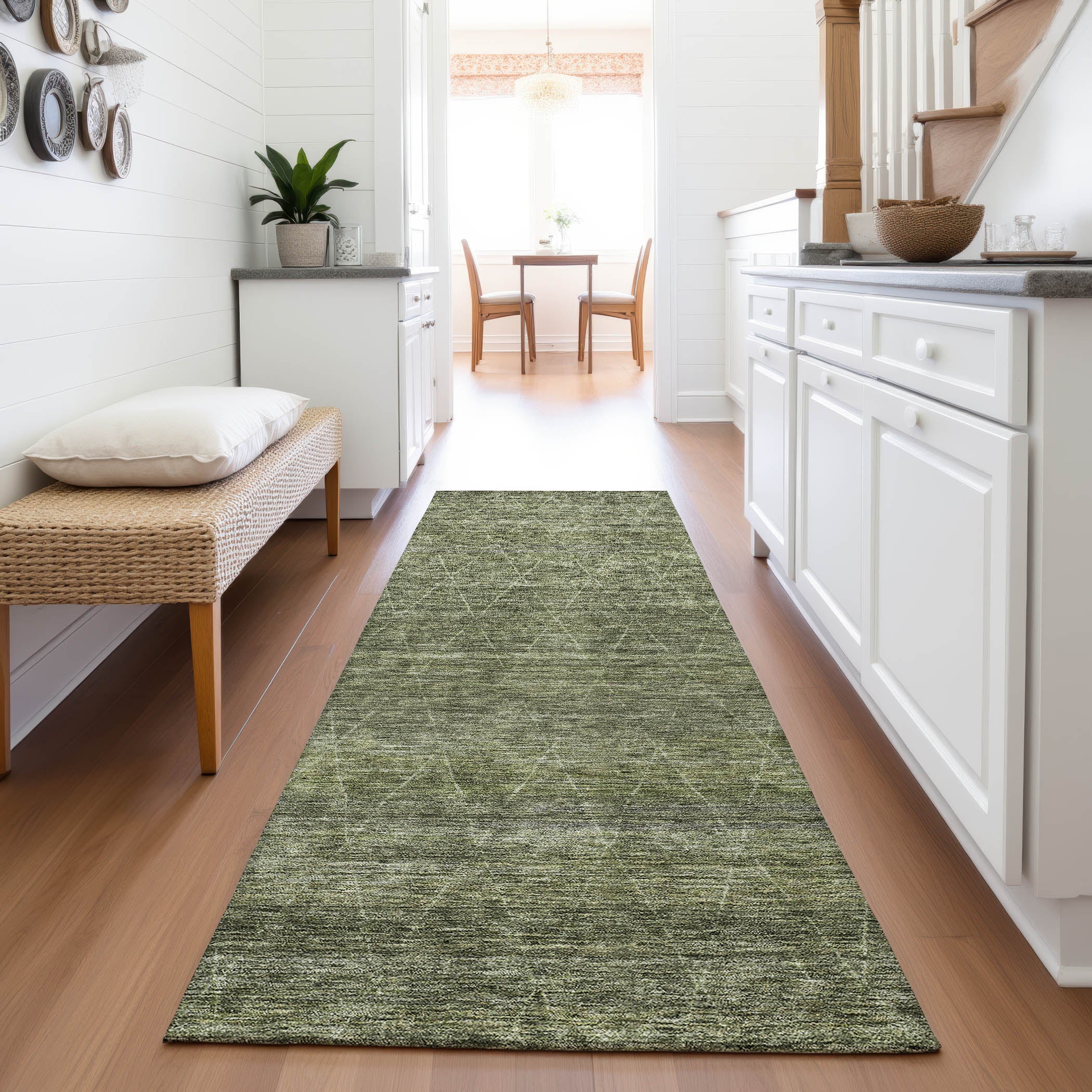 Bangkok Machine Washable Transitional Olive Green Rug 2'3" x 7'6" #shape_Runner