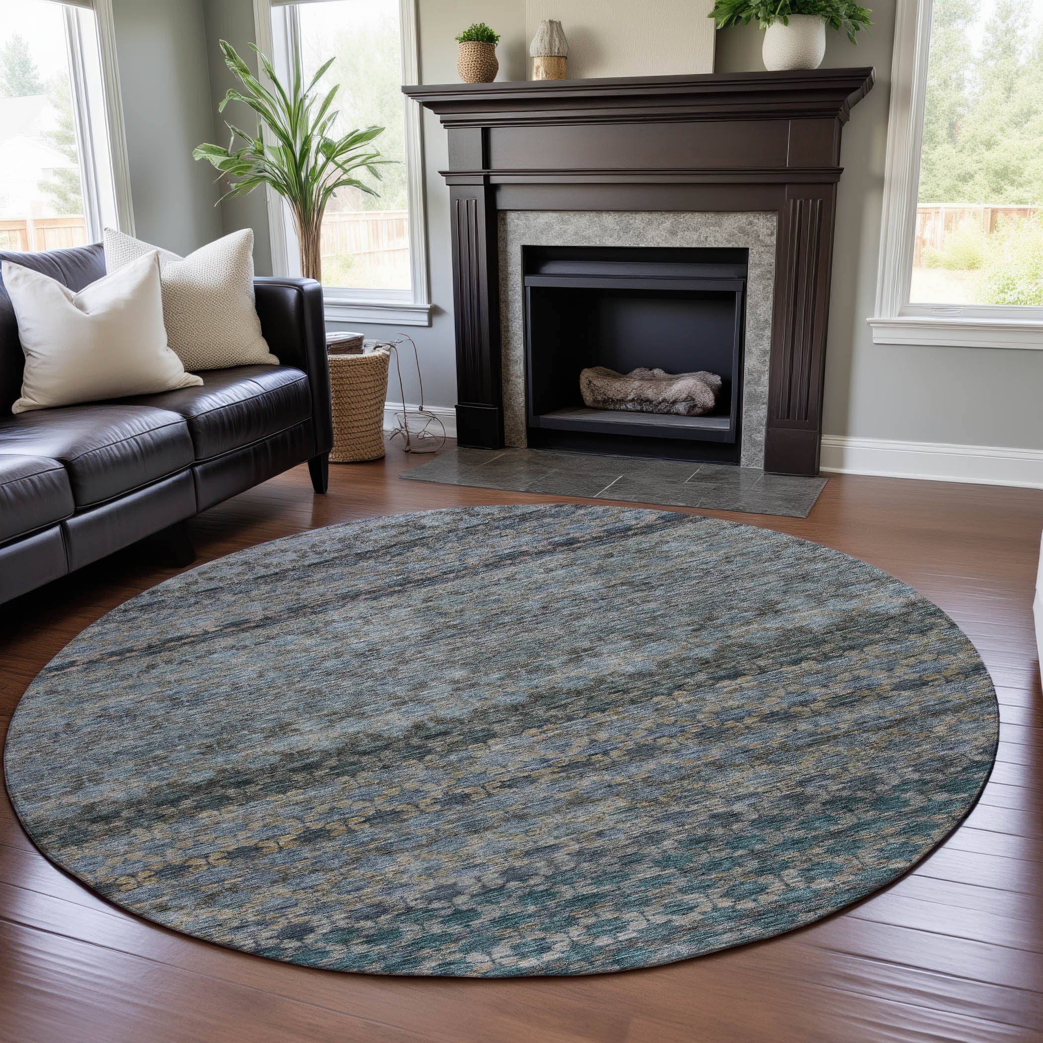 Vienna Machine Washable Transitional Blue Rug 8' x 8' #shape_Round