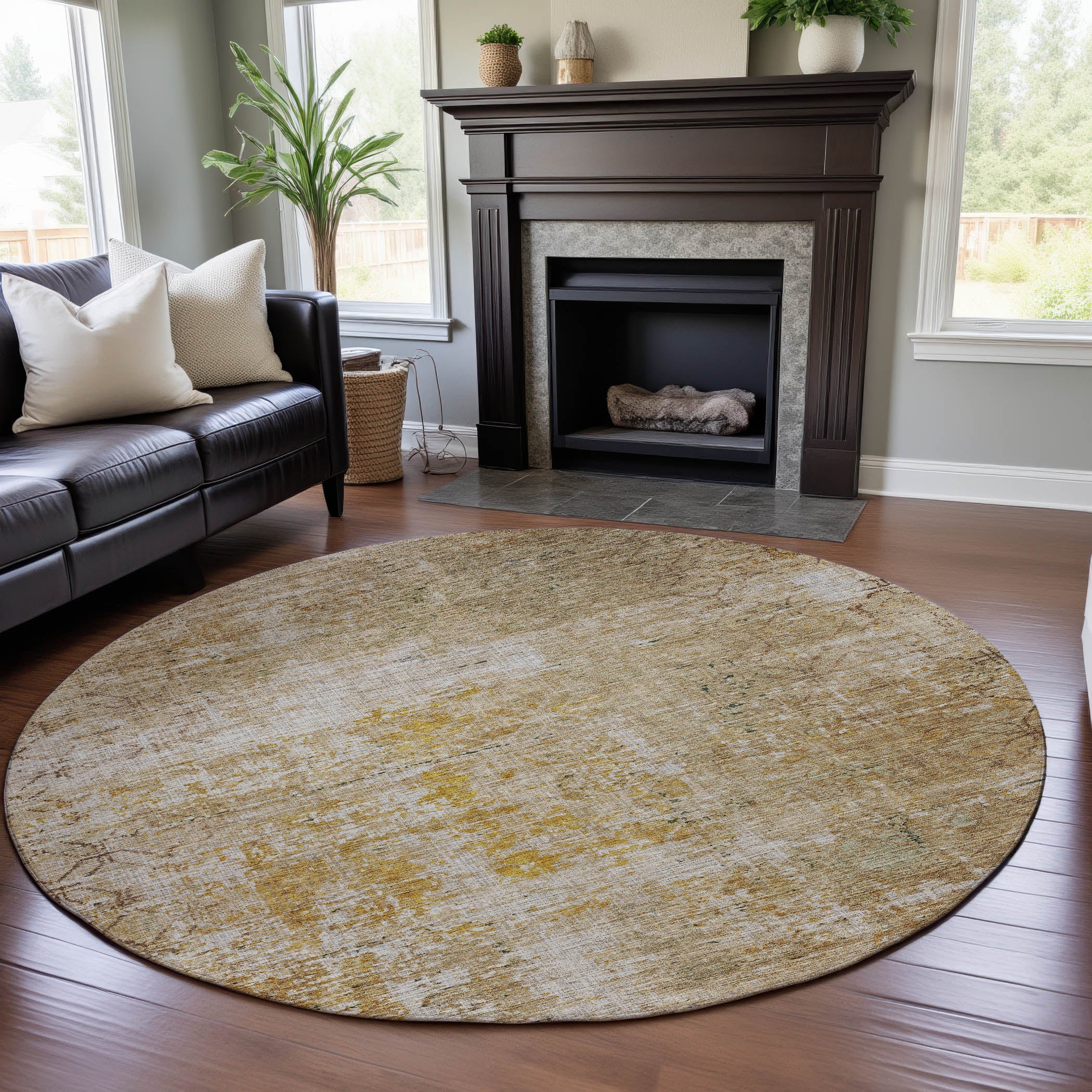 Cusco Machine Washable Transitional Gold Rug 8' x 8' #shape_Round