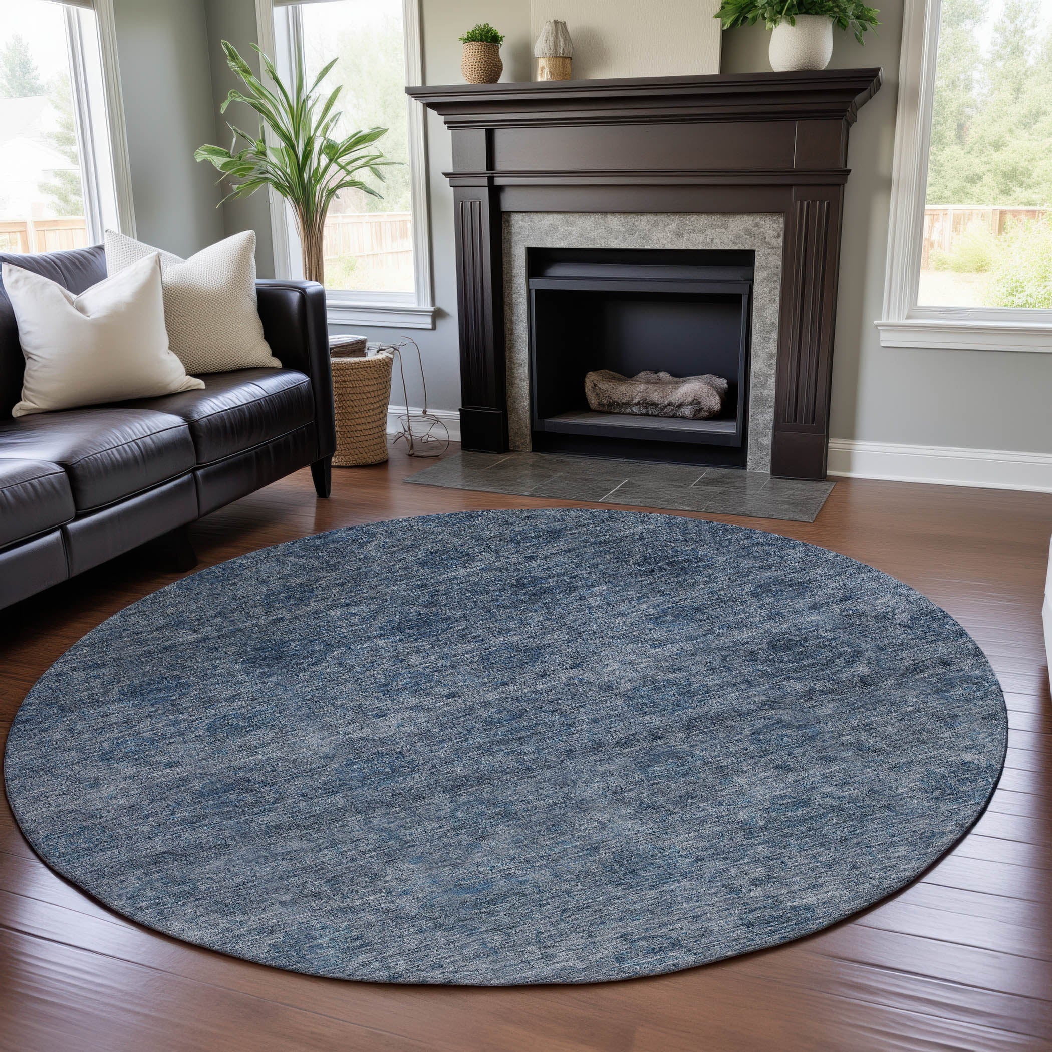 Reykjavik Machine Washable Transitional Blue Rug 8' x 8' #shape_Round
