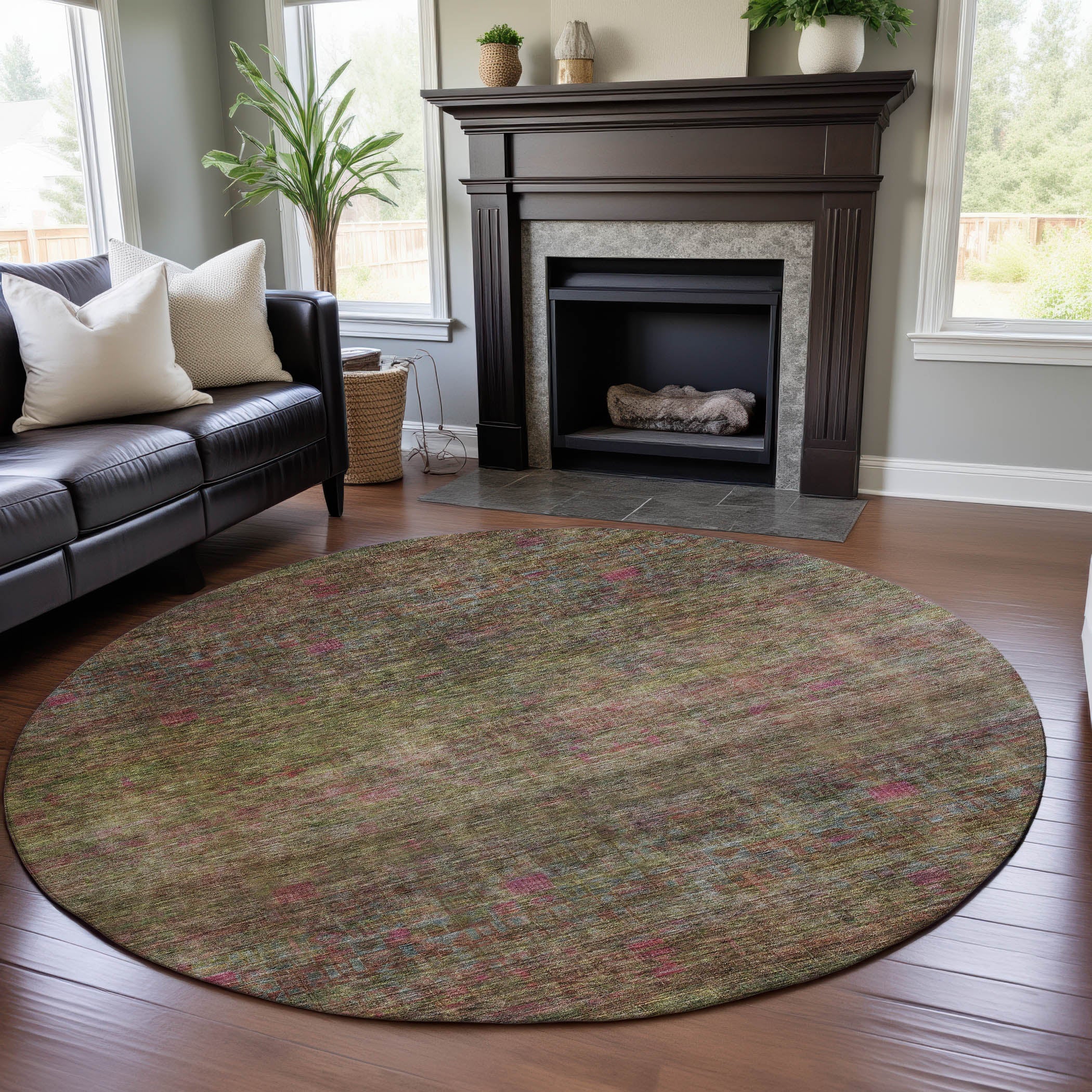 Seoul Machine Washable Transitional Cactus Green Rug 8' x 8' #shape_Round