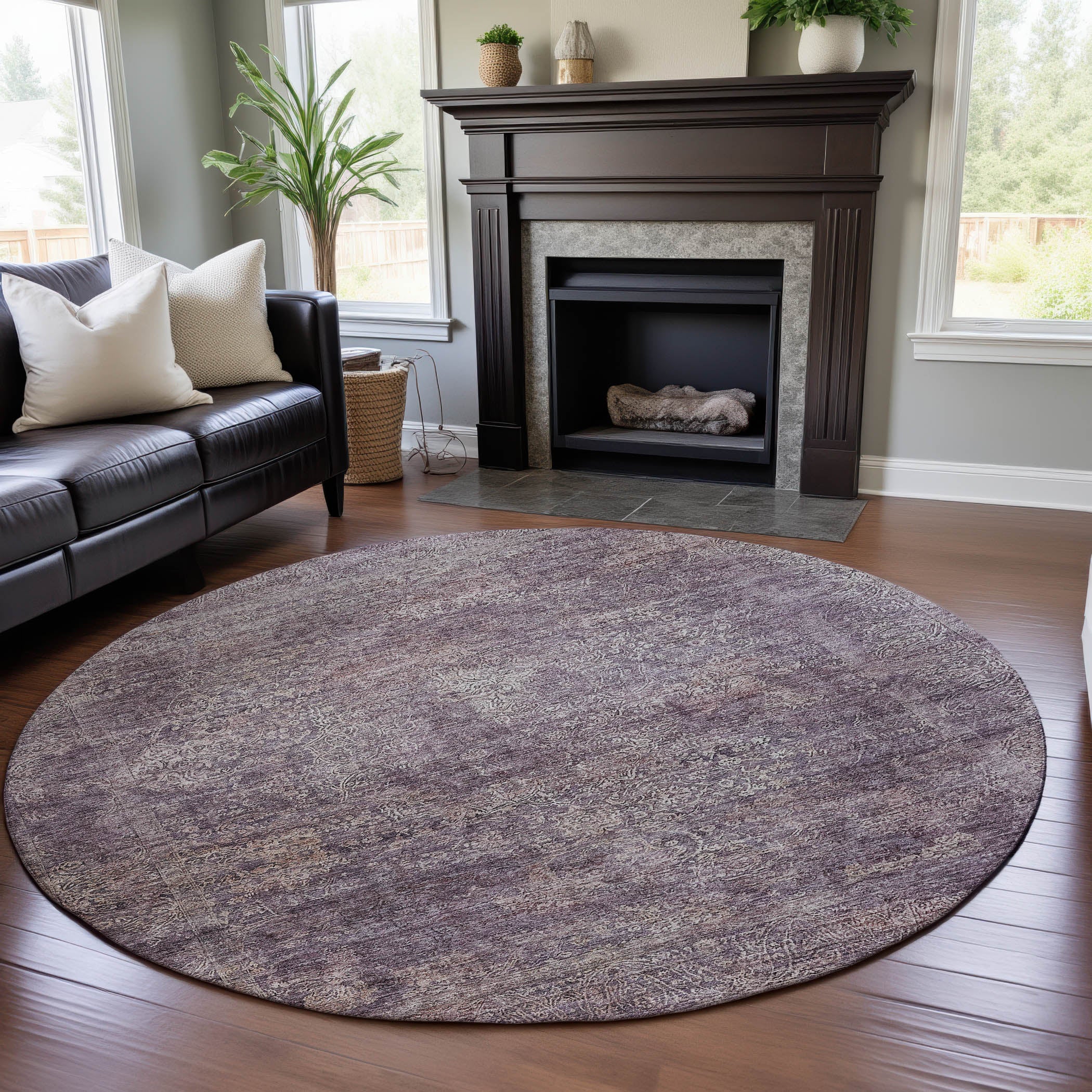 Lucerne Machine Washable Traditional Plum Purple Rug 8' x 8' #shape_Round