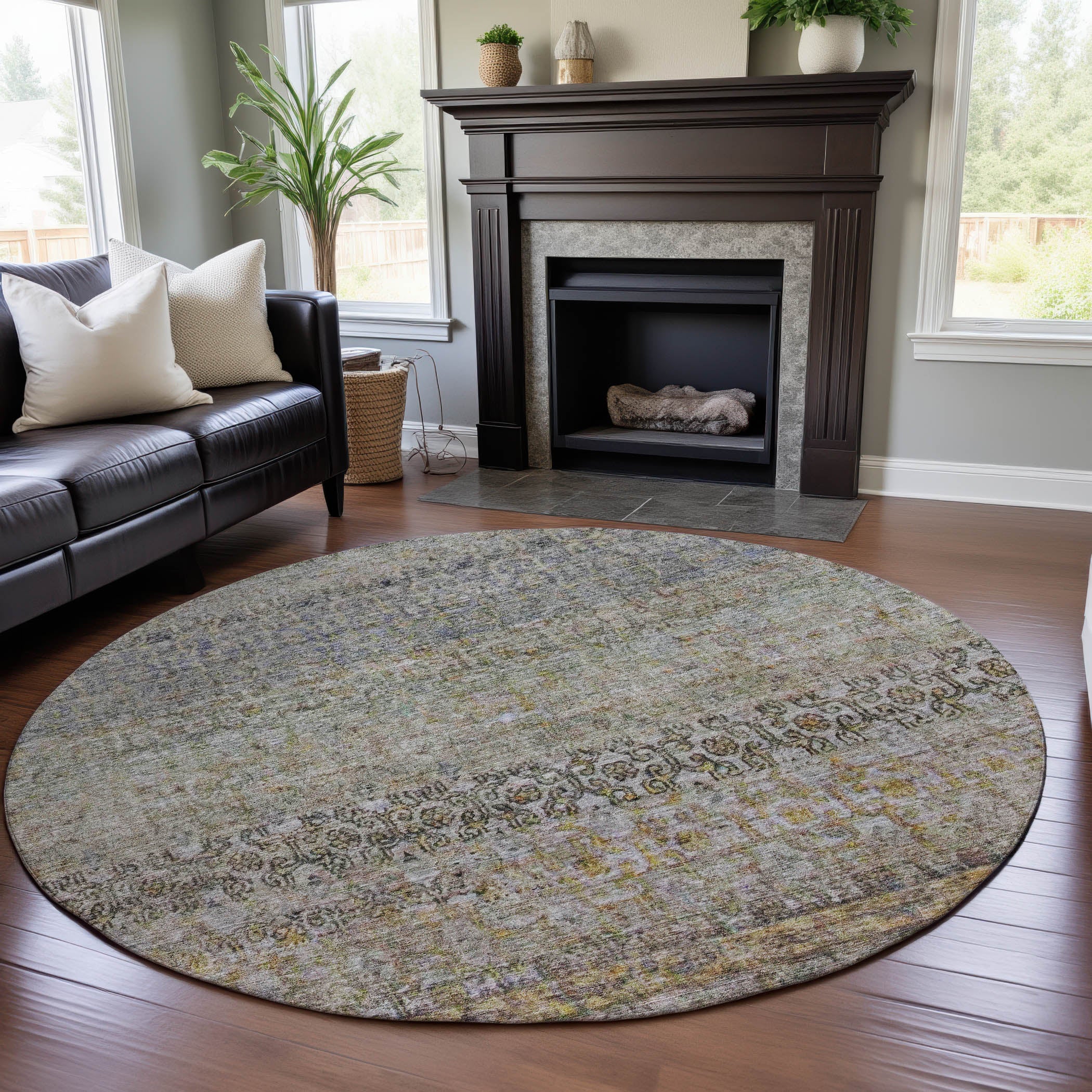 Bergen Machine Washable Traditional Seafoam Blue Rug 8' x 8' #shape_Round