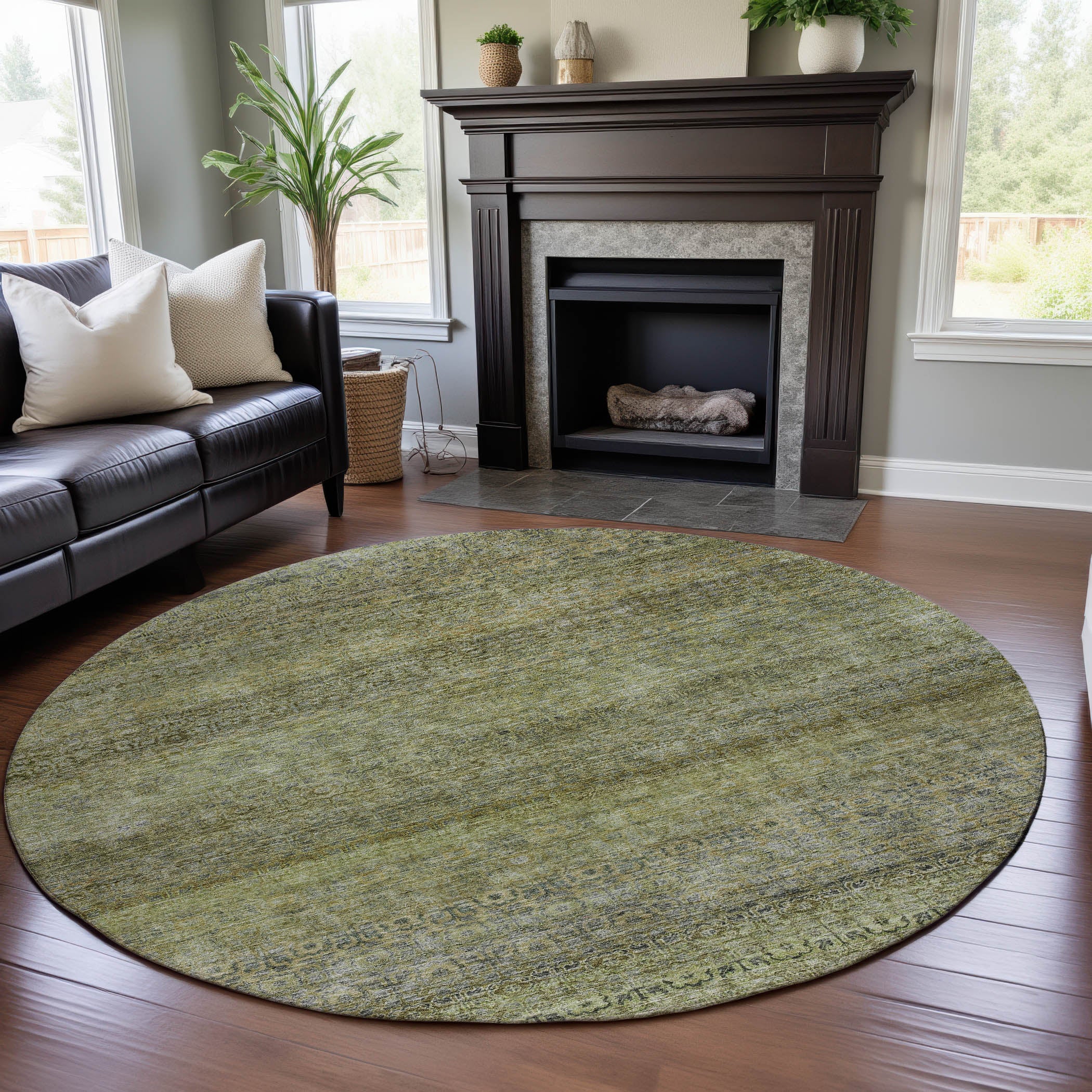 Athens Machine Washable Transitional Aloe Green Rug 8' x 8' #shape_Round