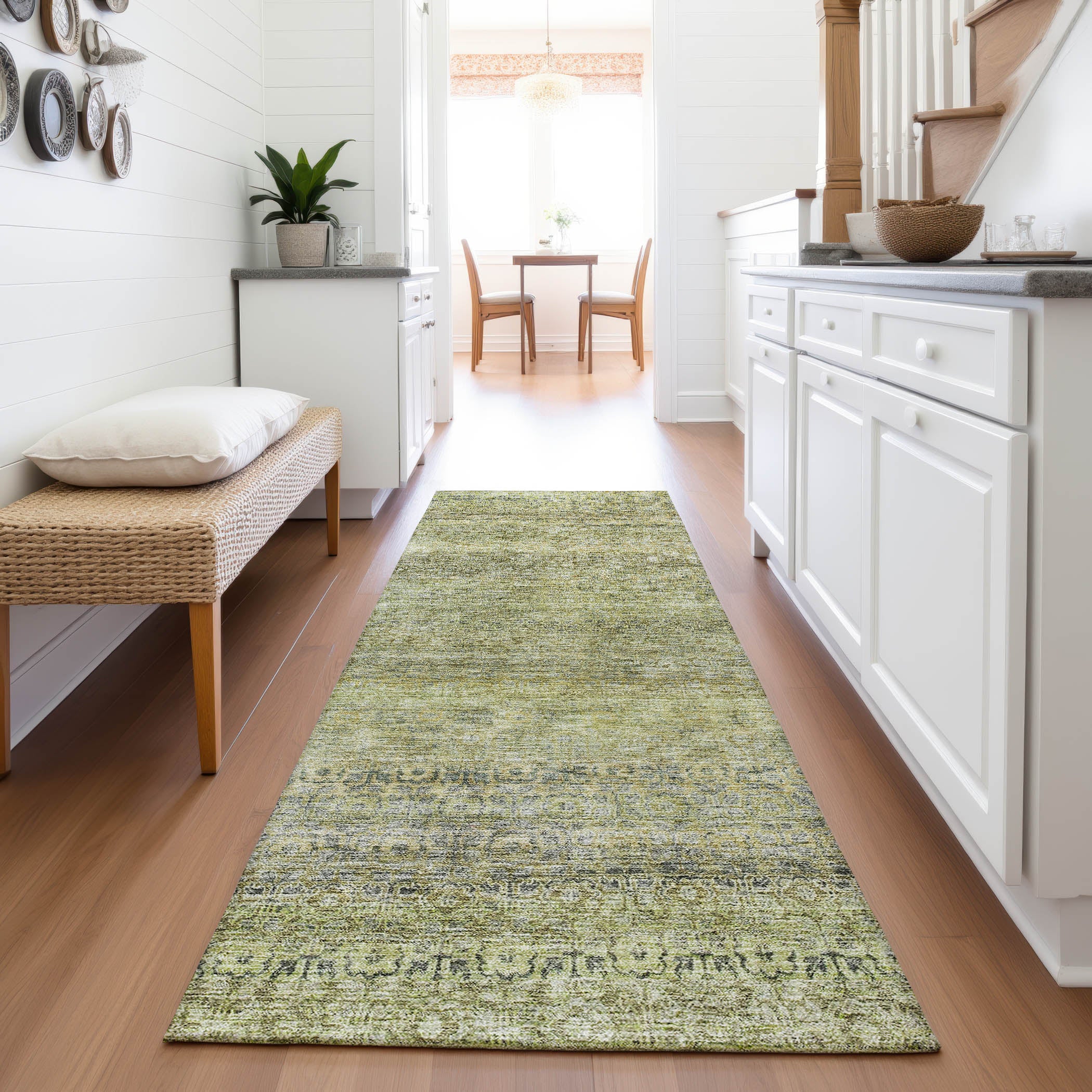 Athens Machine Washable Transitional Aloe Green Rug 2'3" x 7'6" #shape_Runner