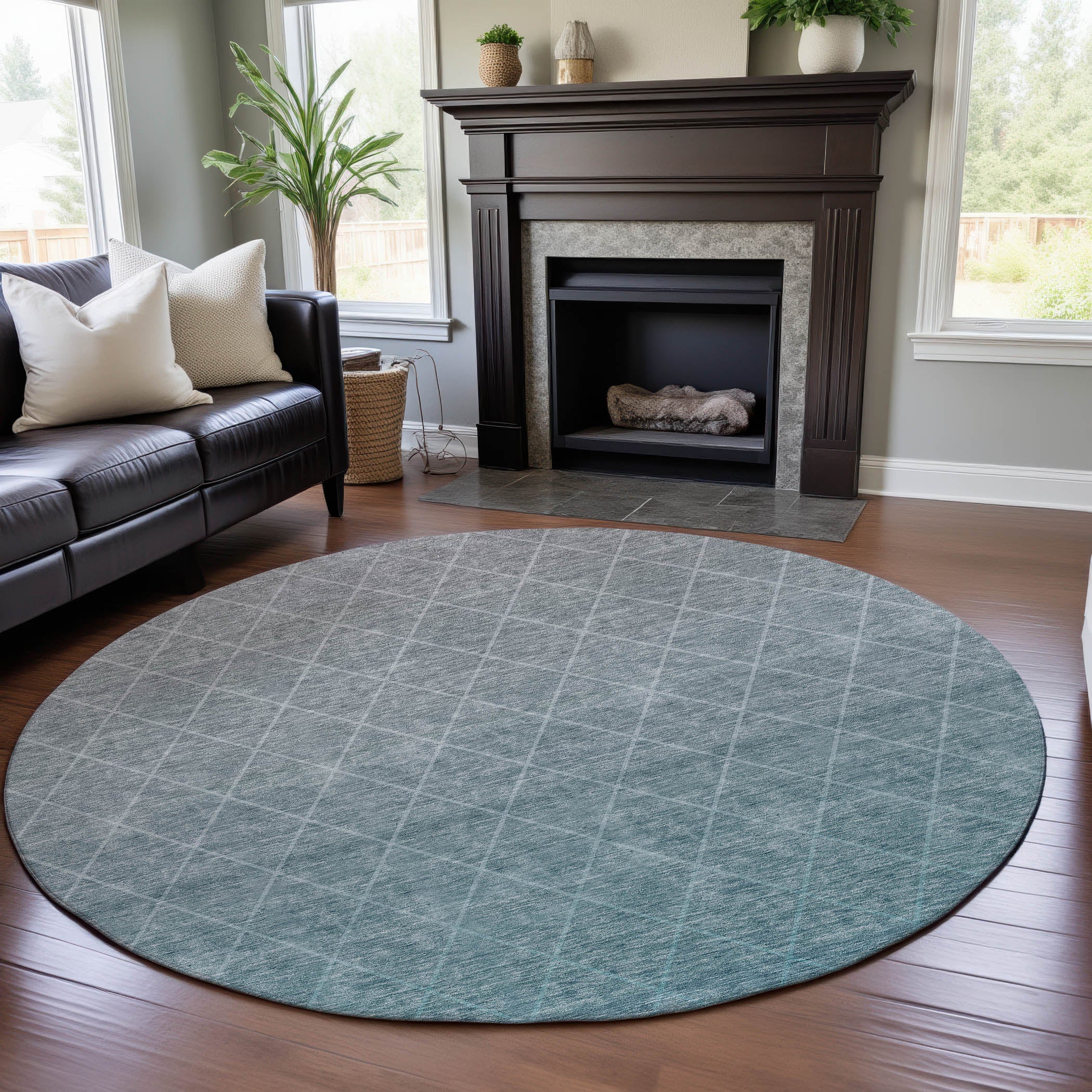 Oaxaca Machine Washable Transitional Teal Rug 8' x 8' #shape_Round