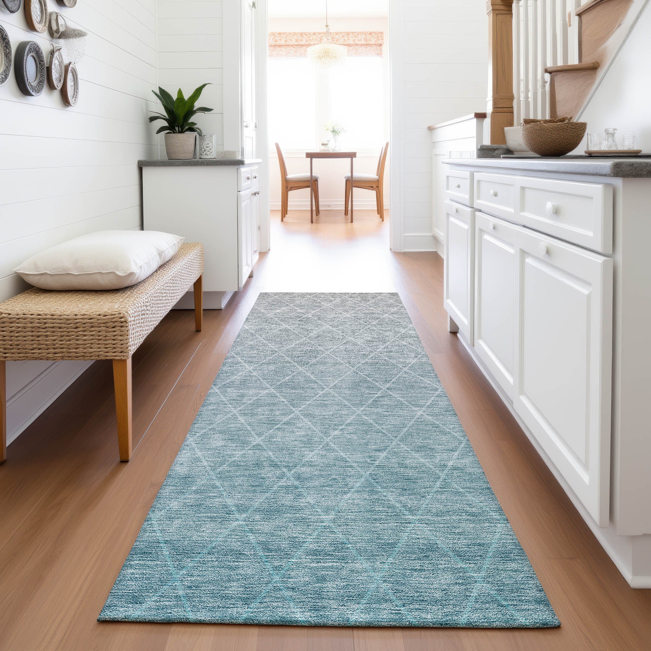 Oaxaca Machine Washable Transitional Teal Rug 2'3" x 7'6" #shape_Runner