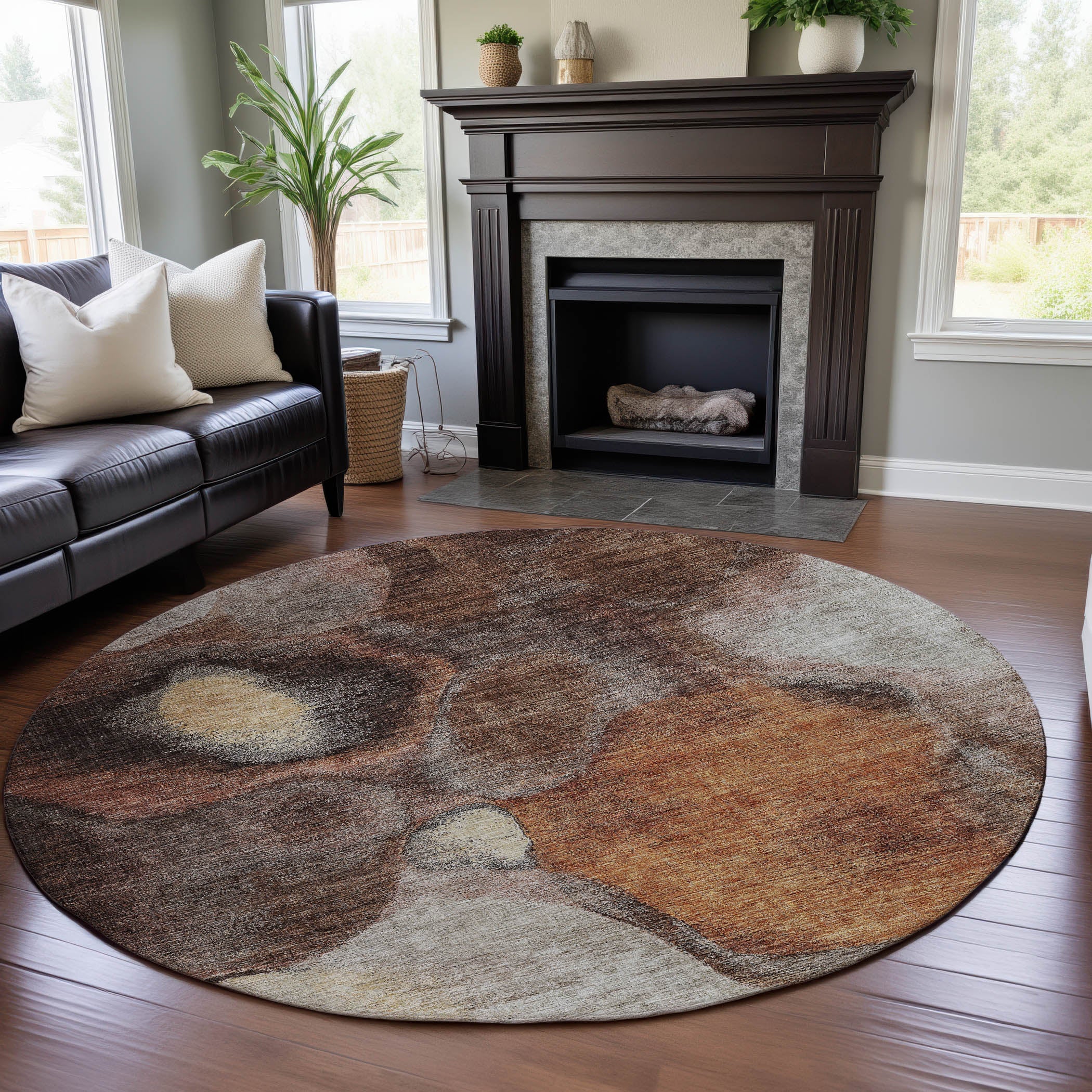 Kyoto Machine Washable Transitional Coffee Brown Rug 8' x 8' #shape_Round