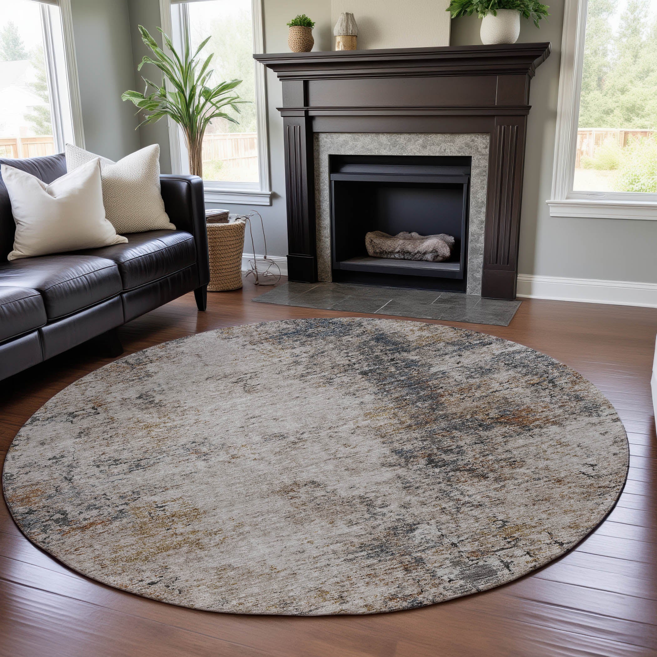 Bangkok Machine Washable Transitional Putty Ivory Rug 8' x 8' #shape_Round
