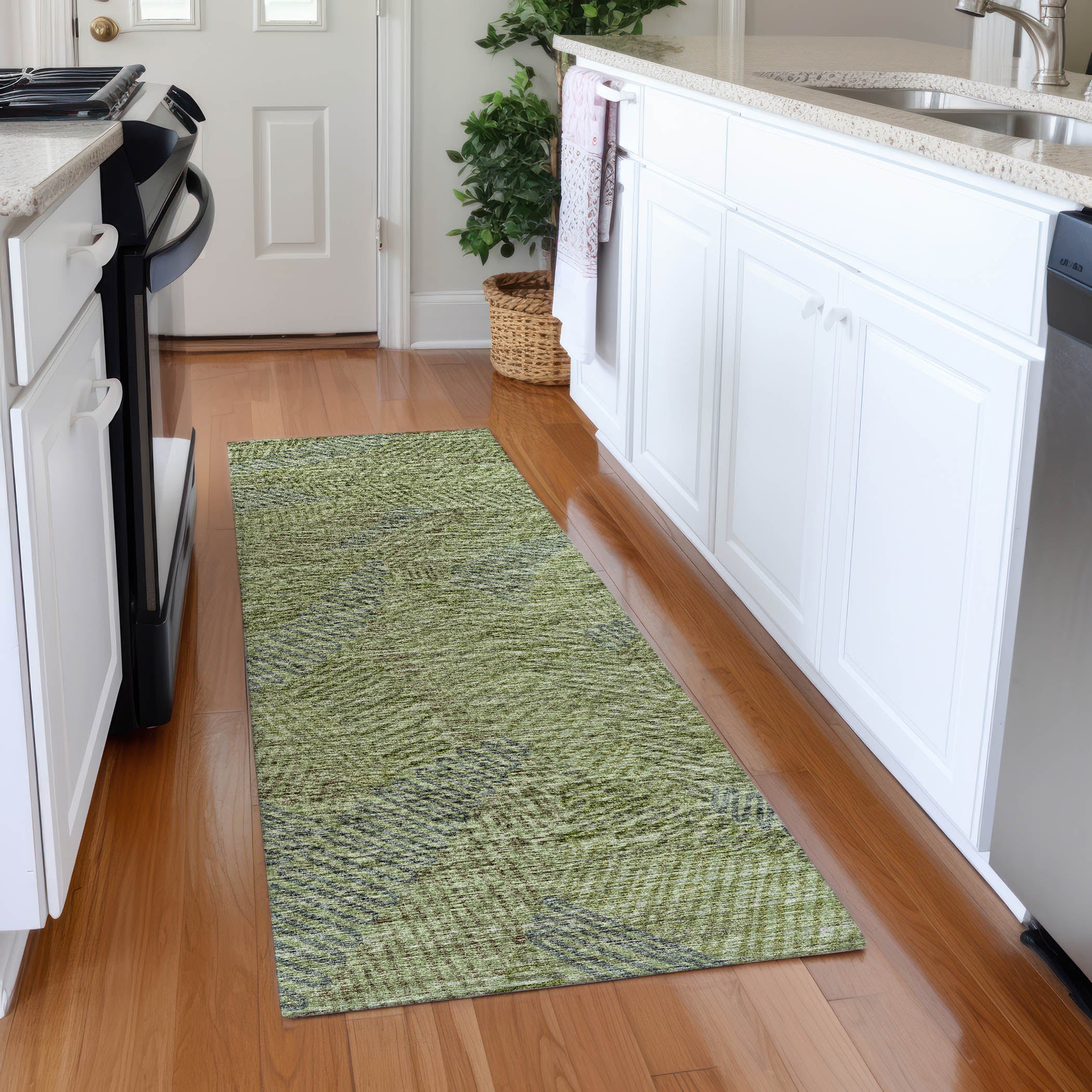 Sintra Machine Washable Transitional Green Rug 2'3" x 7'6" #shape_Runner