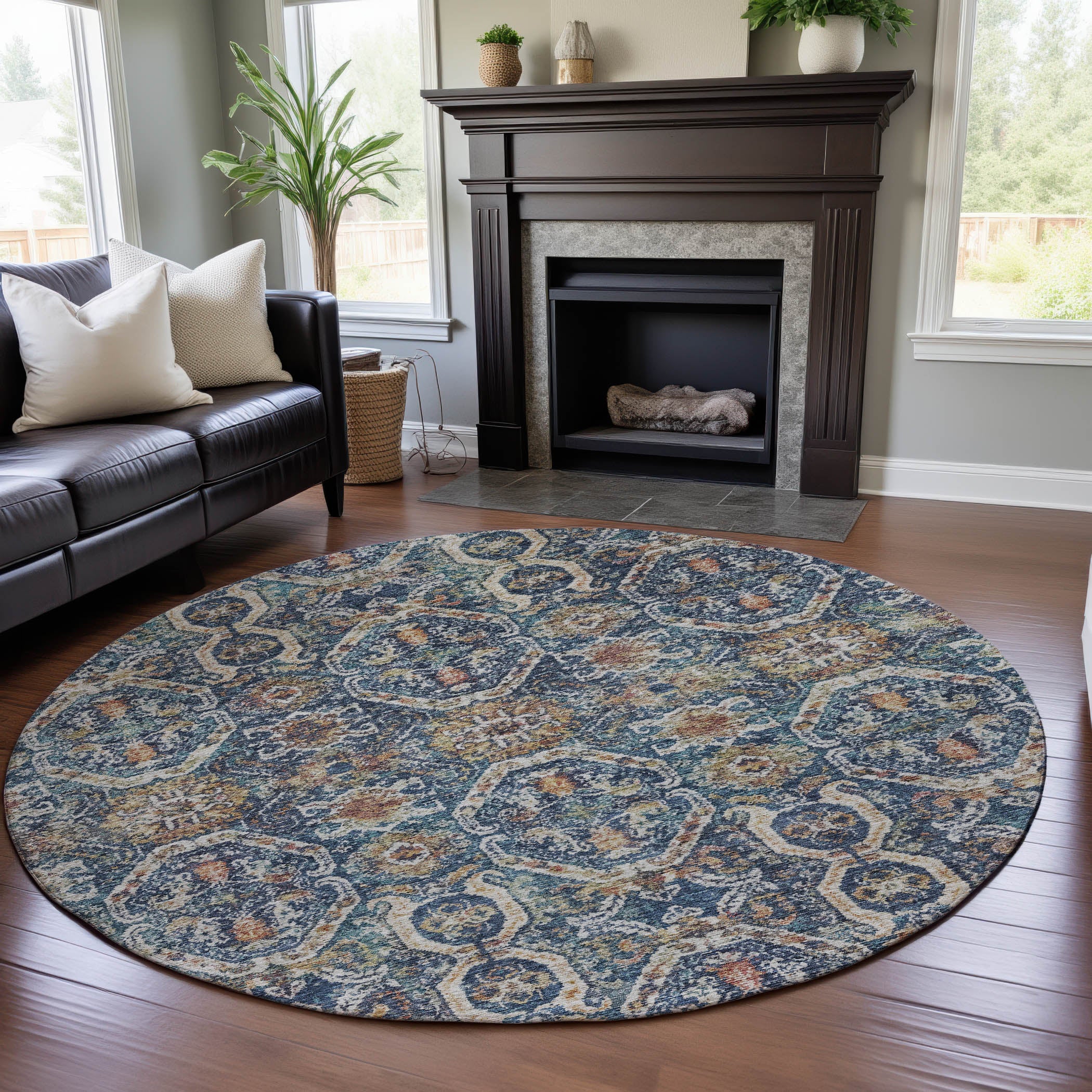 Cairo Machine Washable Transitional Denim Blue Rug 8' x 8' #shape_Round
