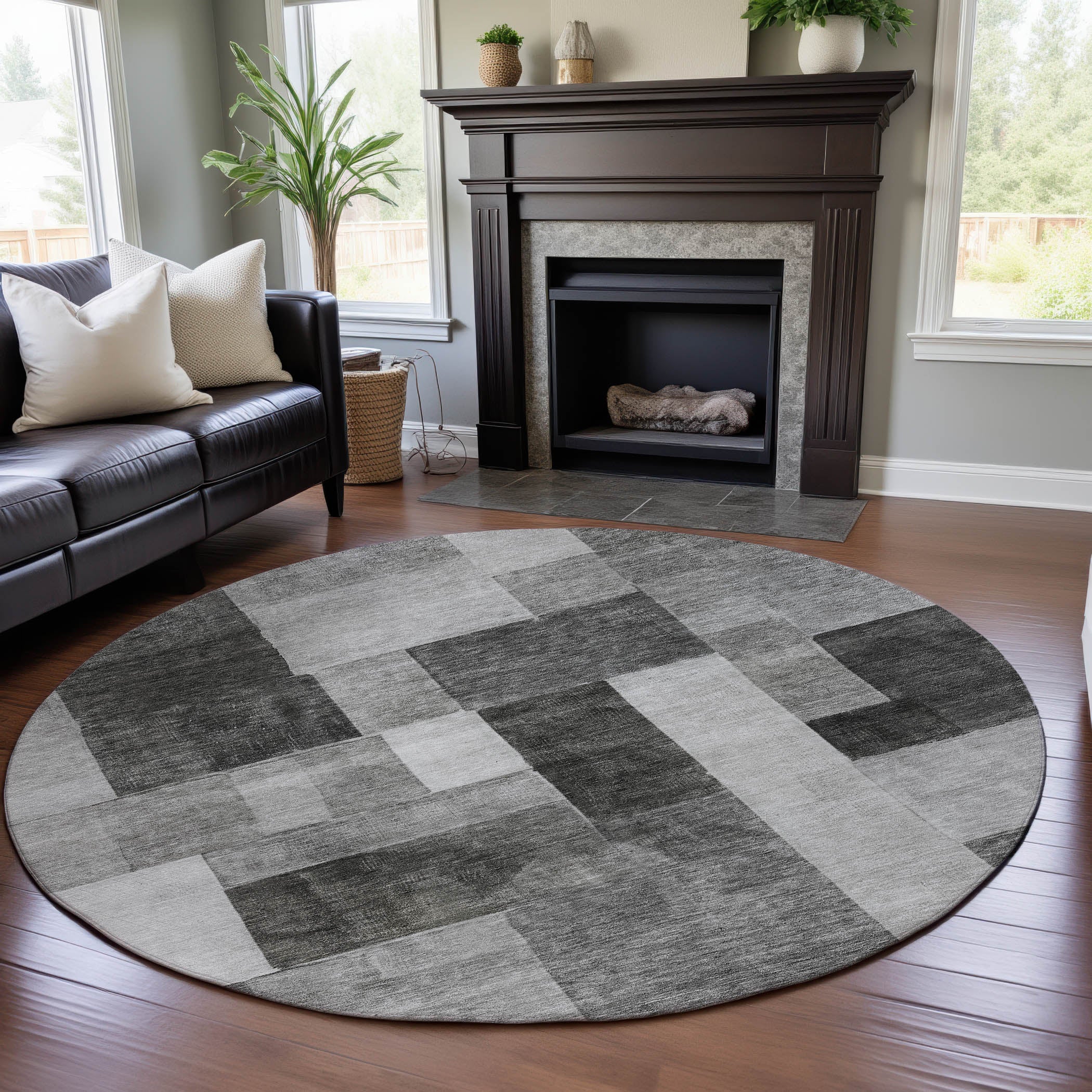 Prague Machine Washable Transitional Pewter Gray Rug 8' x 8' #shape_Round