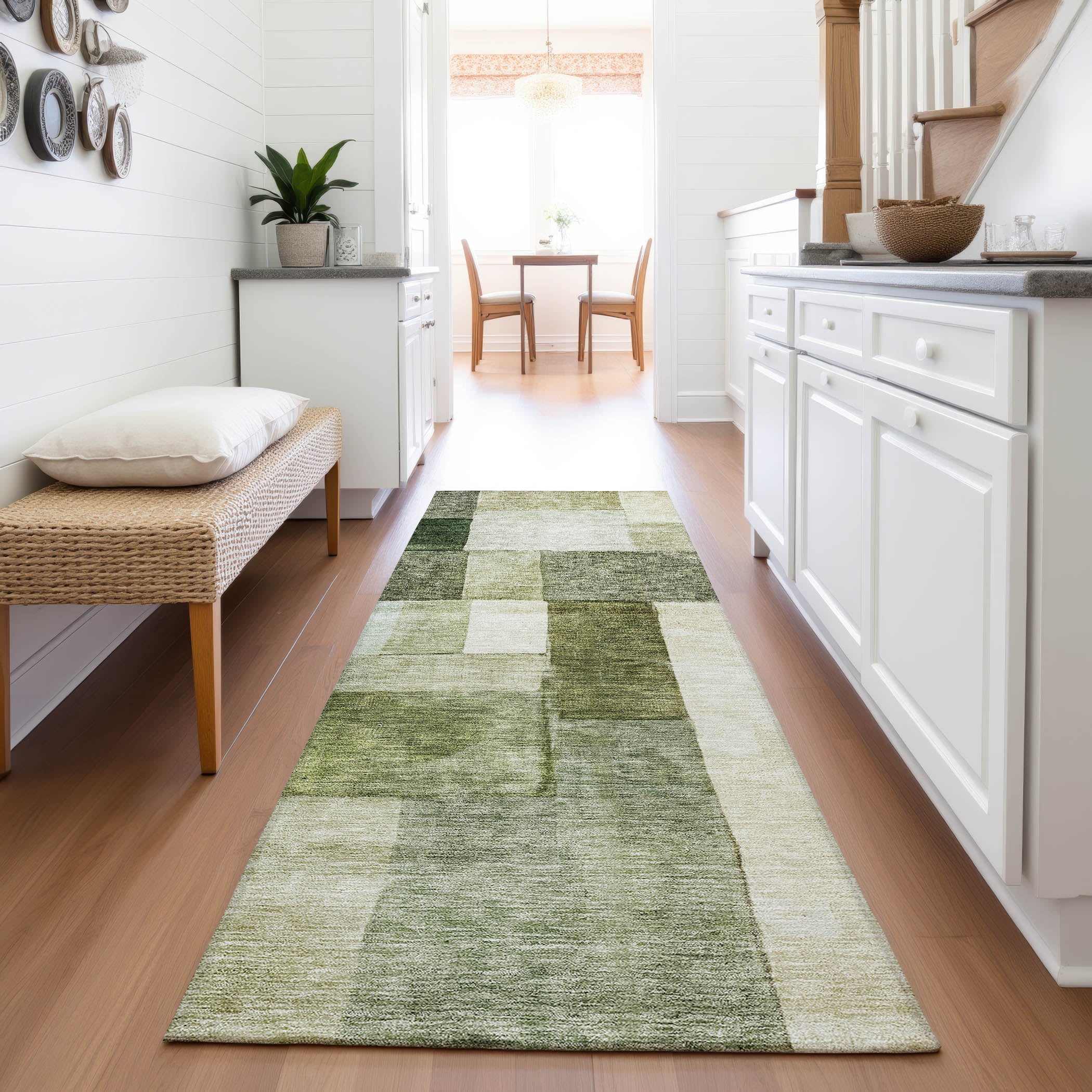 Prague Machine Washable Transitional Sage Green Rug 2'3" x 7'6" #shape_Runner