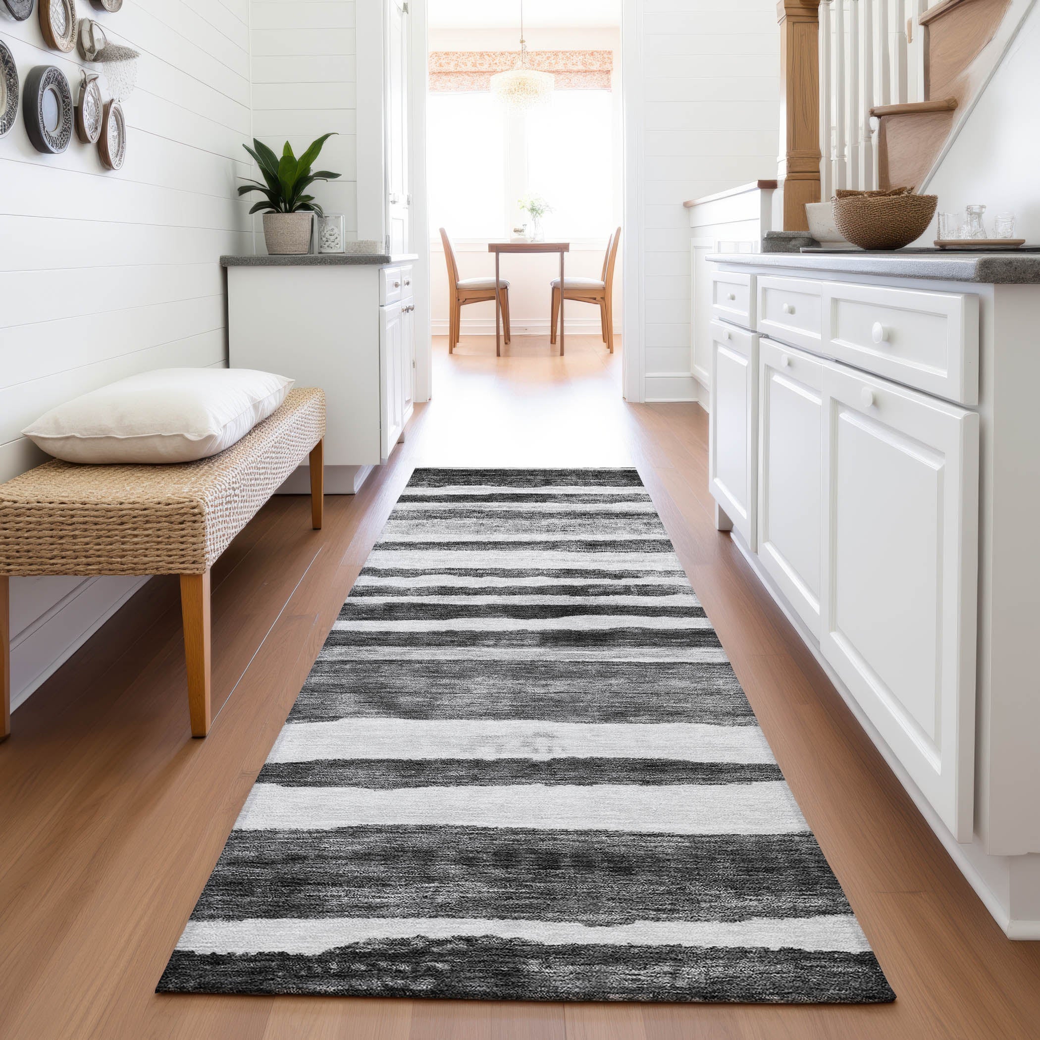 Santorini Machine Washable Transitional Charcoal Gray Rug 2'3" x 7'6" #shape_Runner