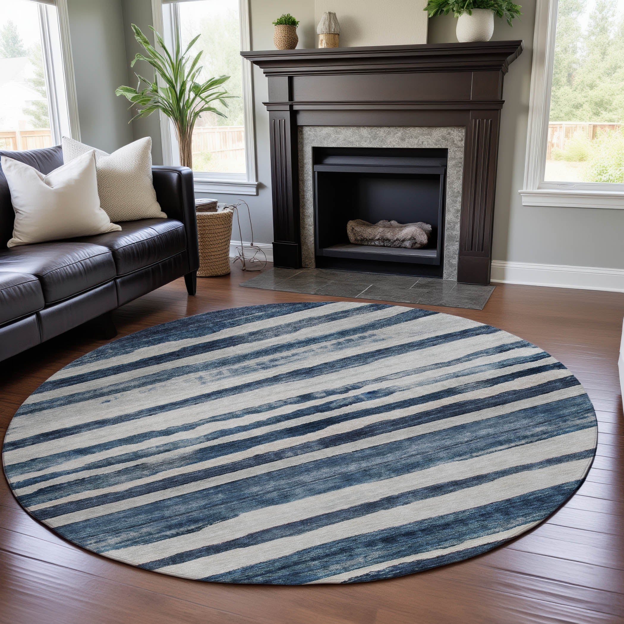 Santorini Machine Washable Transitional Denim Blue Rug 8' x 8' #shape_Round
