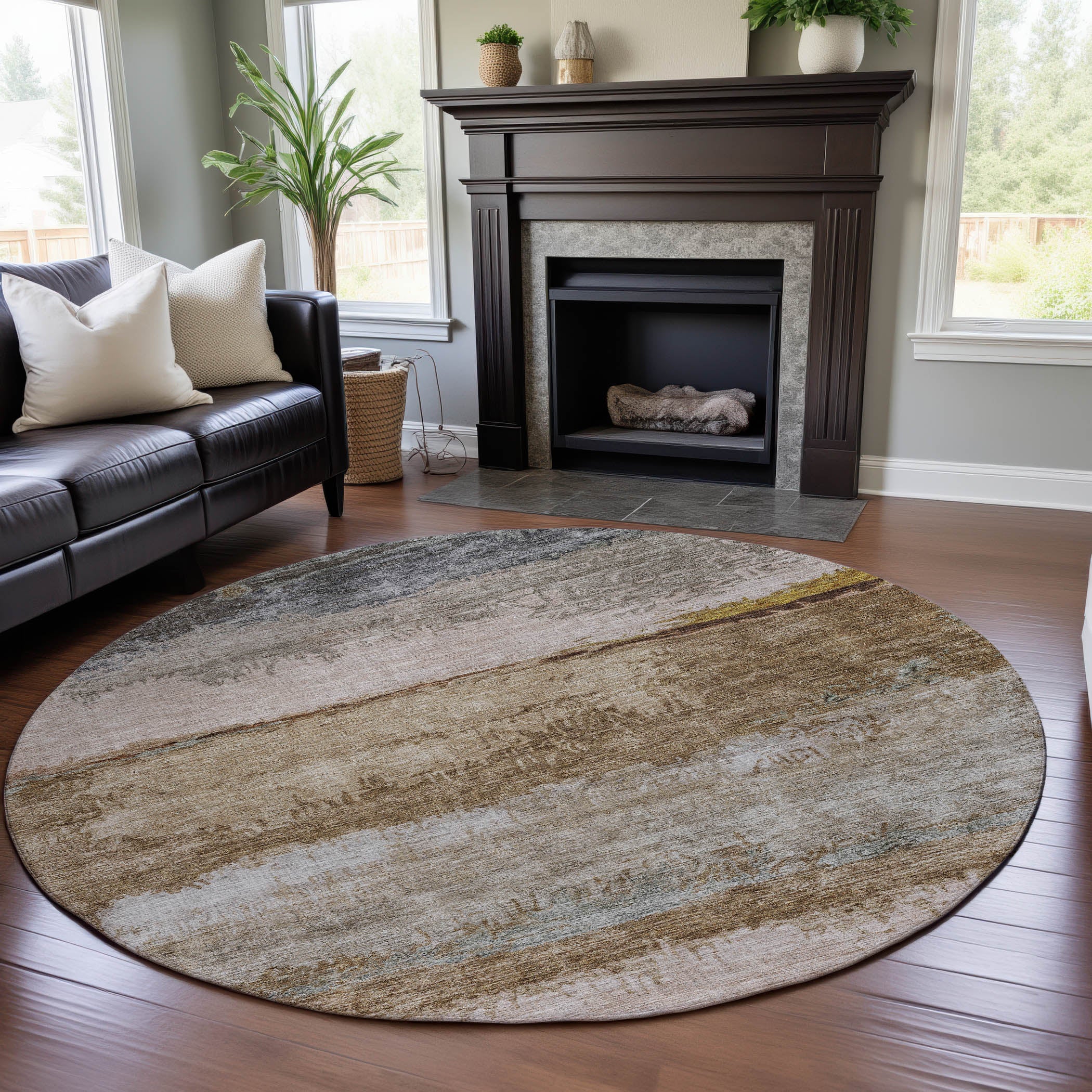 Santorini Machine Washable Transitional Beige Brown Rug 8' x 8' #shape_Round