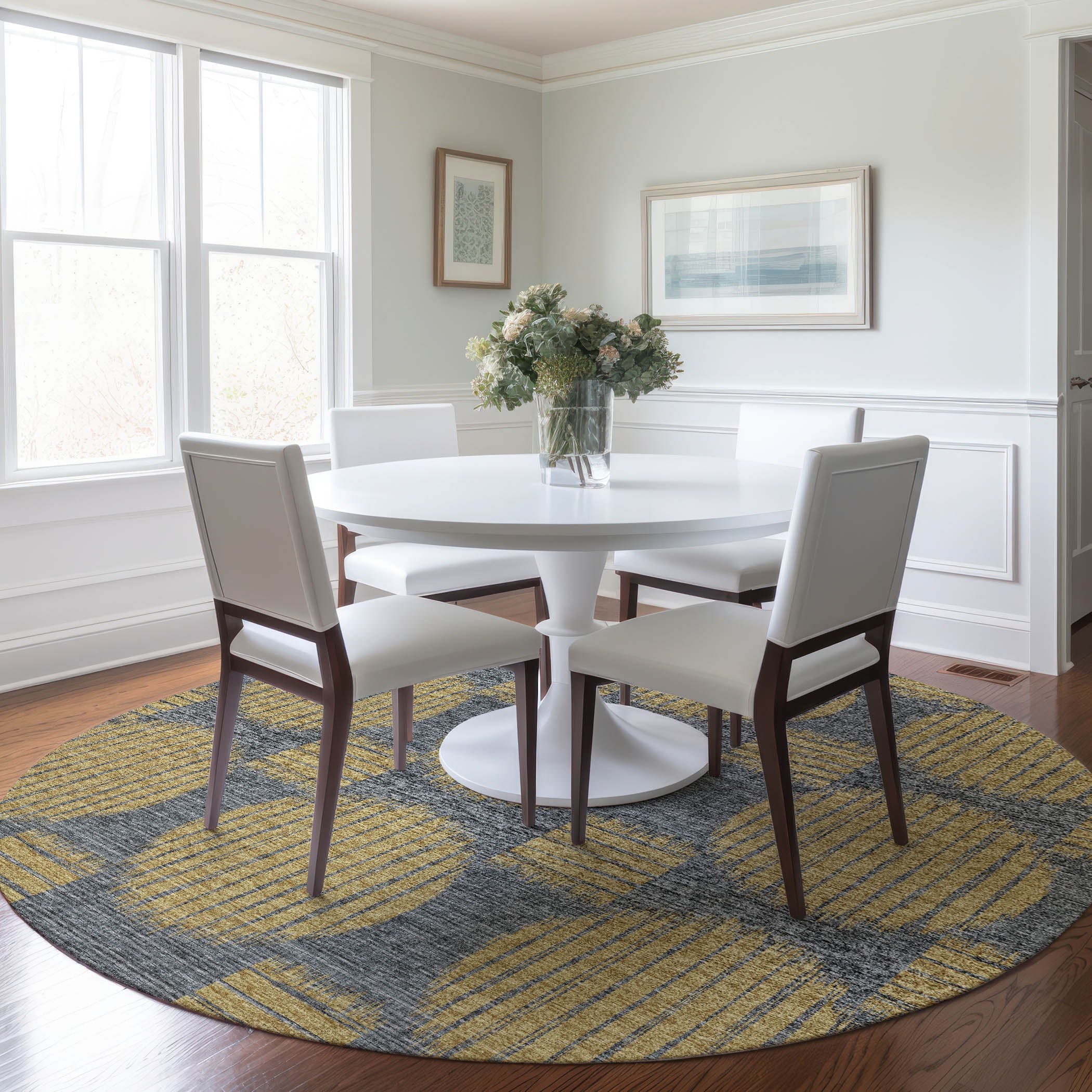 Bergen Machine Washable Transitional Gilded Yellow Rug 8' x 8' #shape_Round