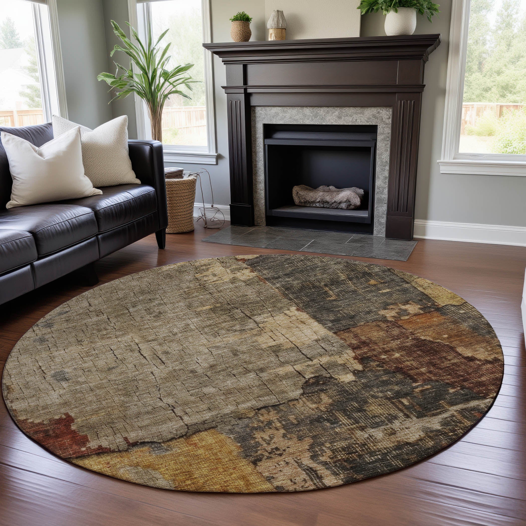 Kathmandu Machine Washable Transitional Khaki Brown Rug 8' x 8' #shape_Round