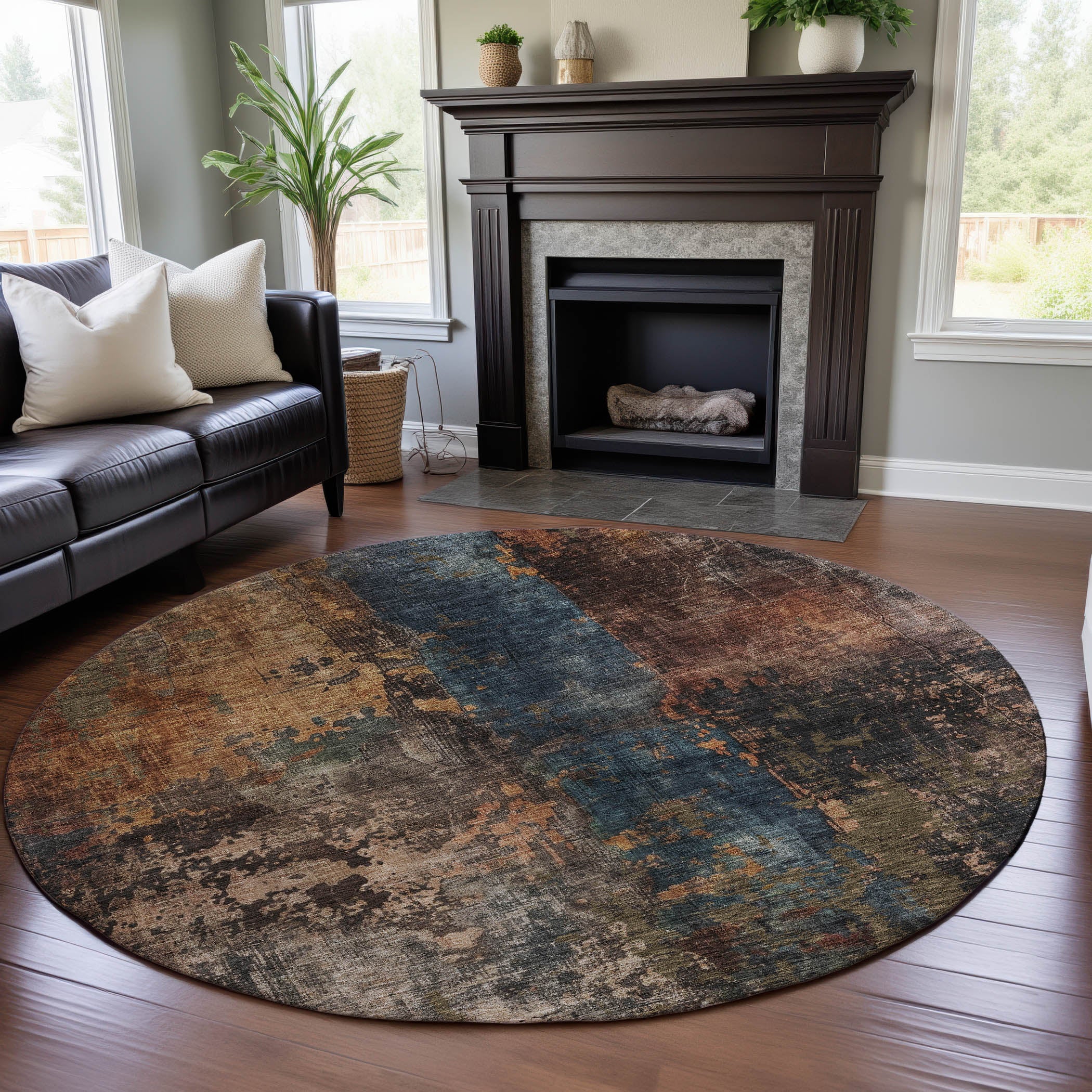 Cairo Machine Washable Transitional Blue Rug 8' x 8' #shape_Round