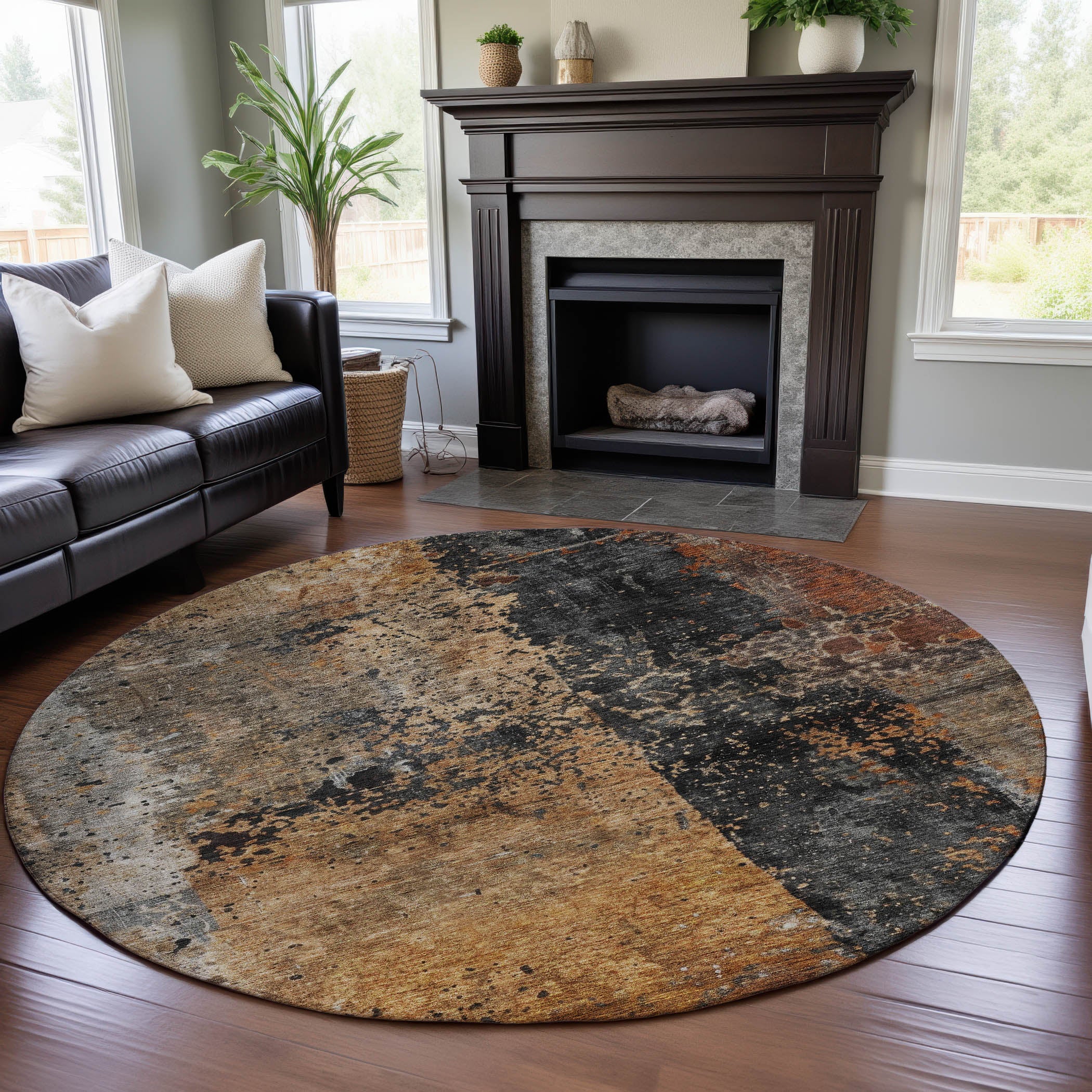 Dublin Machine Washable Transitional Copper Orange Rug 8' x 8' #shape_Round