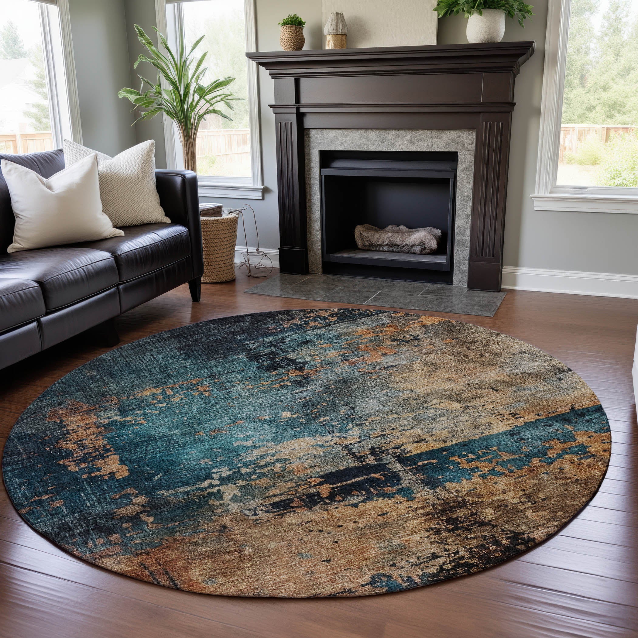 Vienna Machine Washable Transitional Teal Rug 8' x 8' #shape_Round
