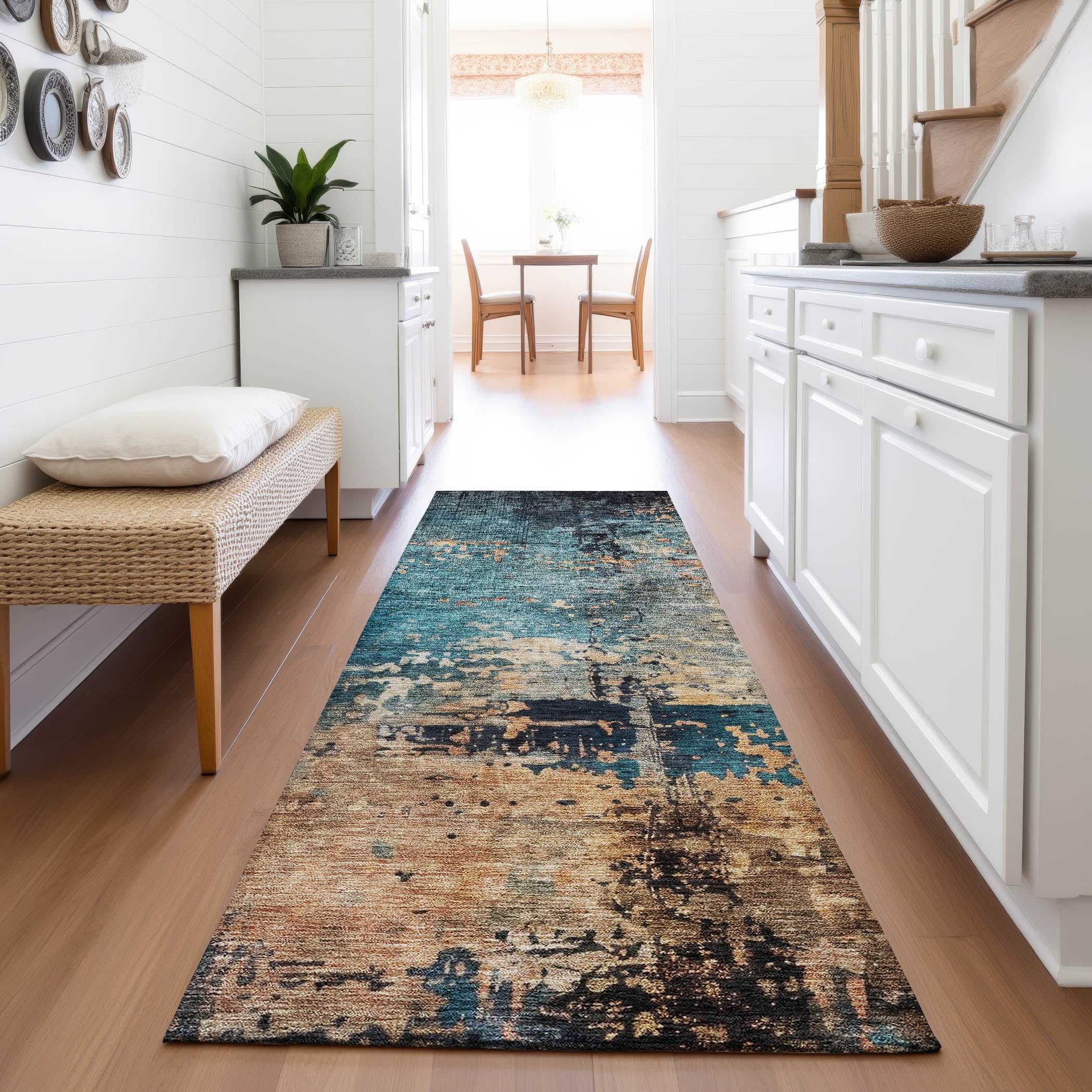 Vienna Machine Washable Transitional Teal Rug 2'3" x 7'6" #shape_Runner