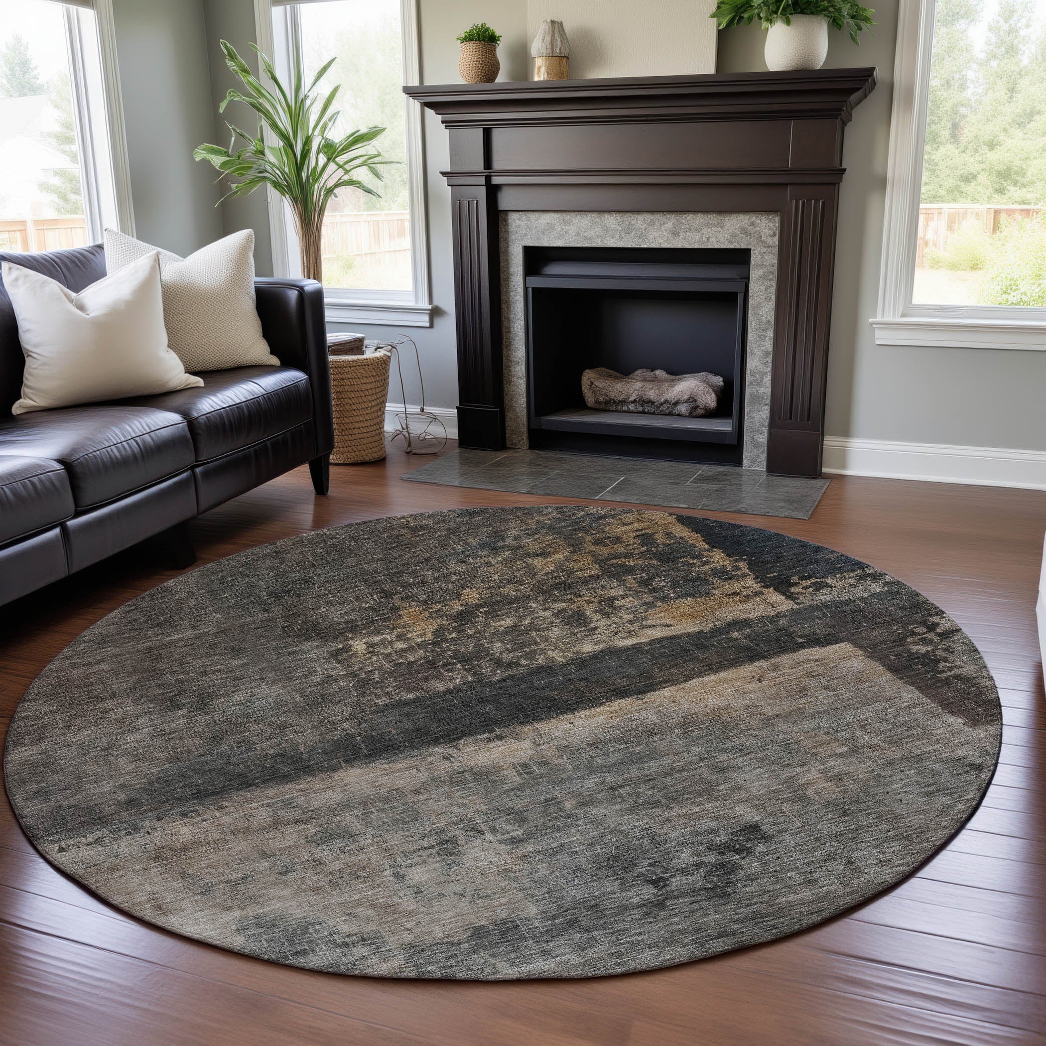 Reykjavik Machine Washable Transitional Coffee Brown Rug 8' x 8' #shape_Round
