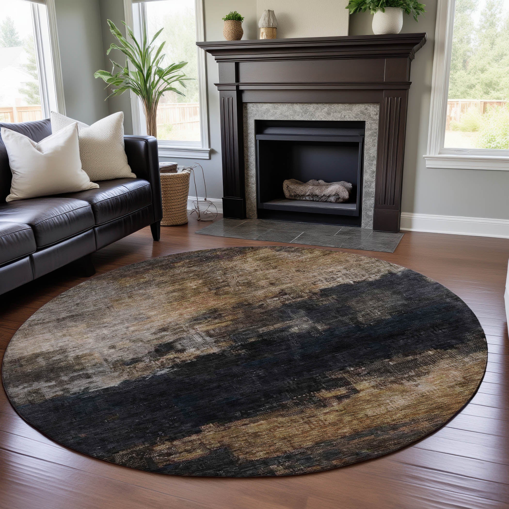 Tallinn Machine Washable Transitional Charcoal Gray Rug 8' x 8' #shape_Round