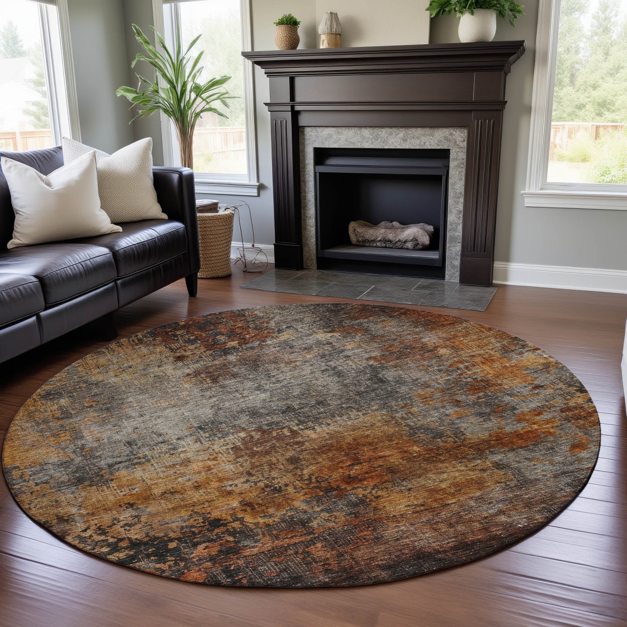 Hoi An Machine Washable Transitional Paprika Orange Rug 8' x 8' #shape_Round