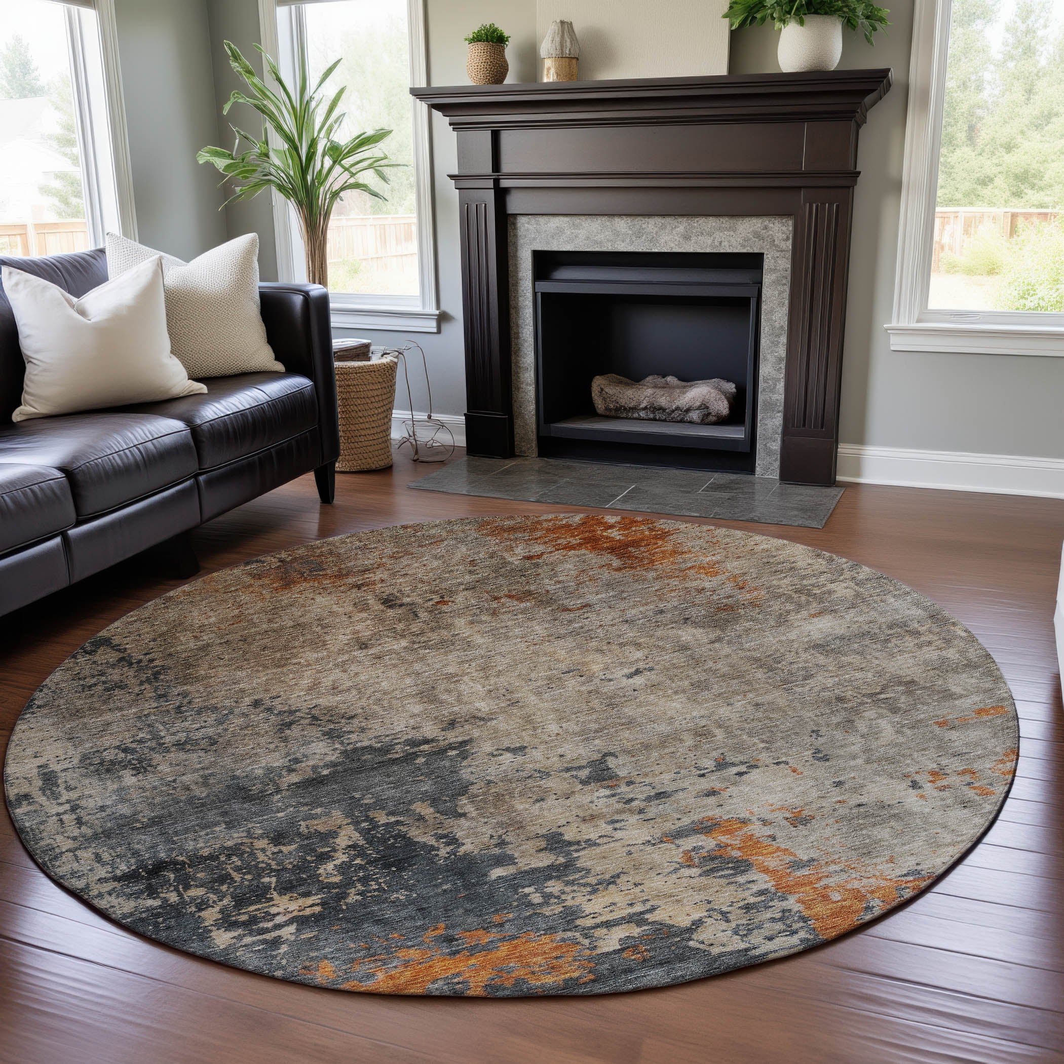 Marrakech Machine Washable Transitional Khaki Brown Rug 8' x 8' #shape_Round