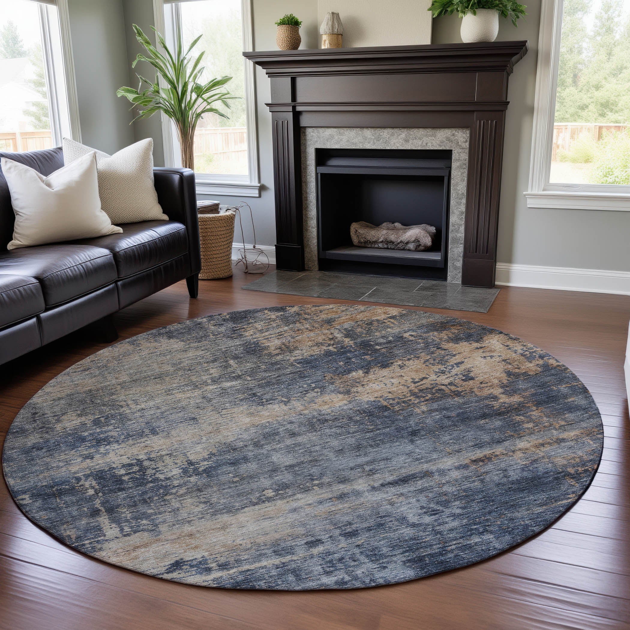 Lima Machine Washable Transitional Denim Blue Rug 8' x 8' #shape_Round