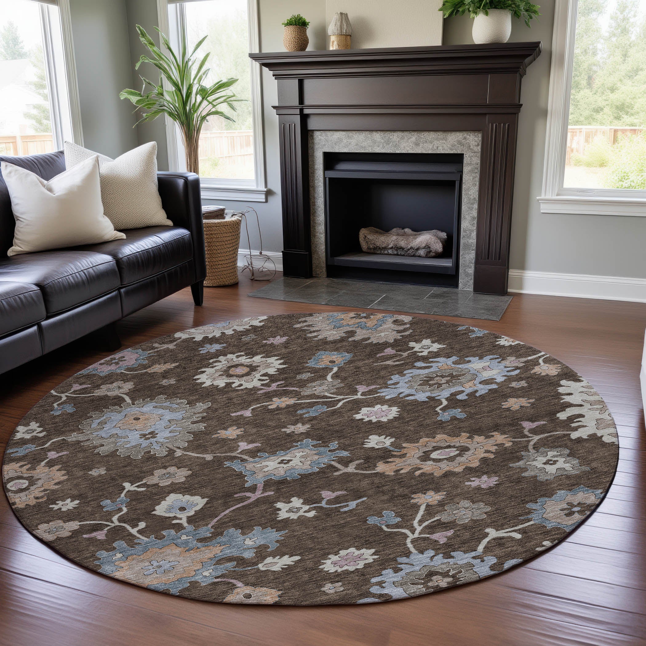 Lisbon Machine Washable Transitional Chocolate Brown Rug 8' x 8' #shape_Round