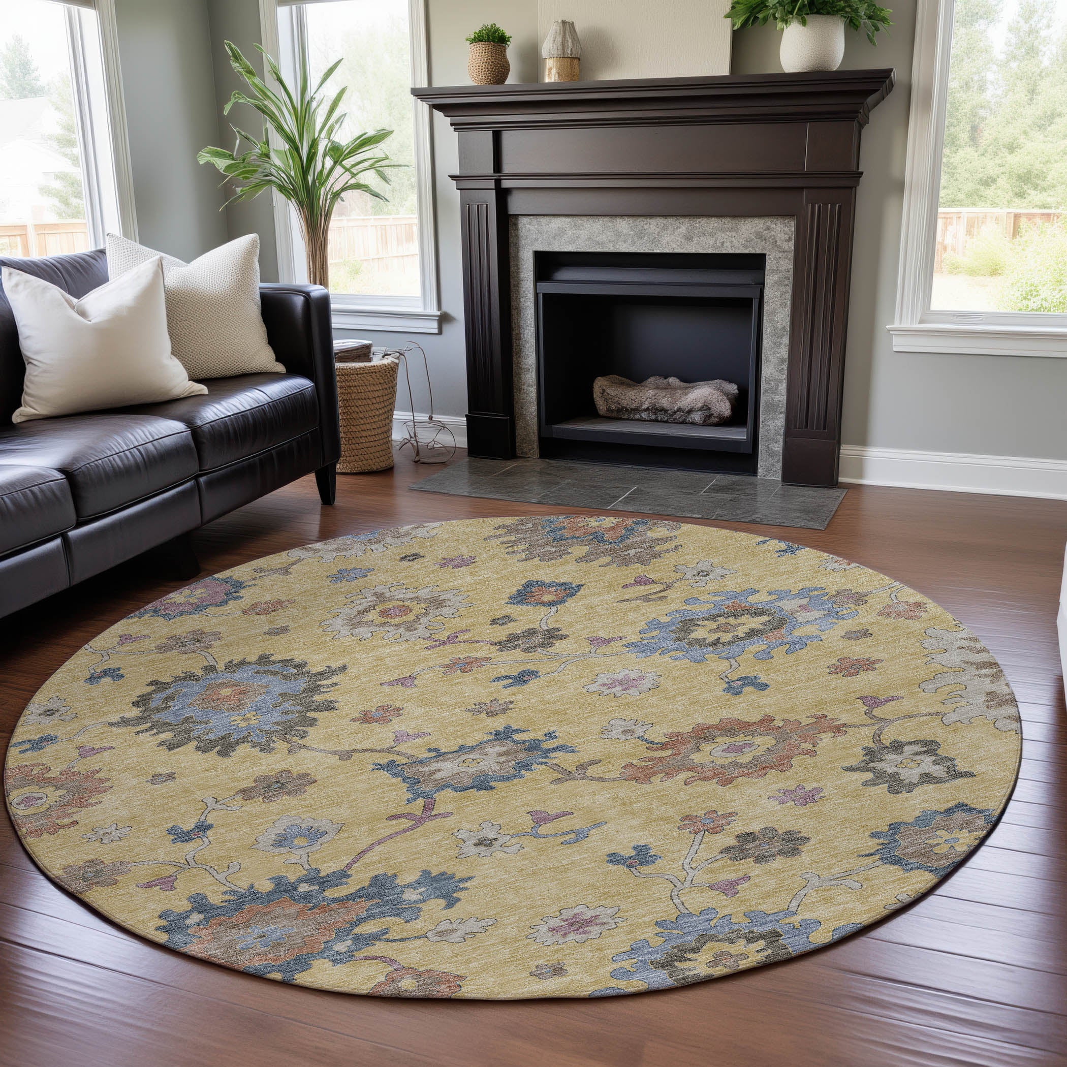 Lisbon Machine Washable Transitional Gold Rug 8' x 8' #shape_Round
