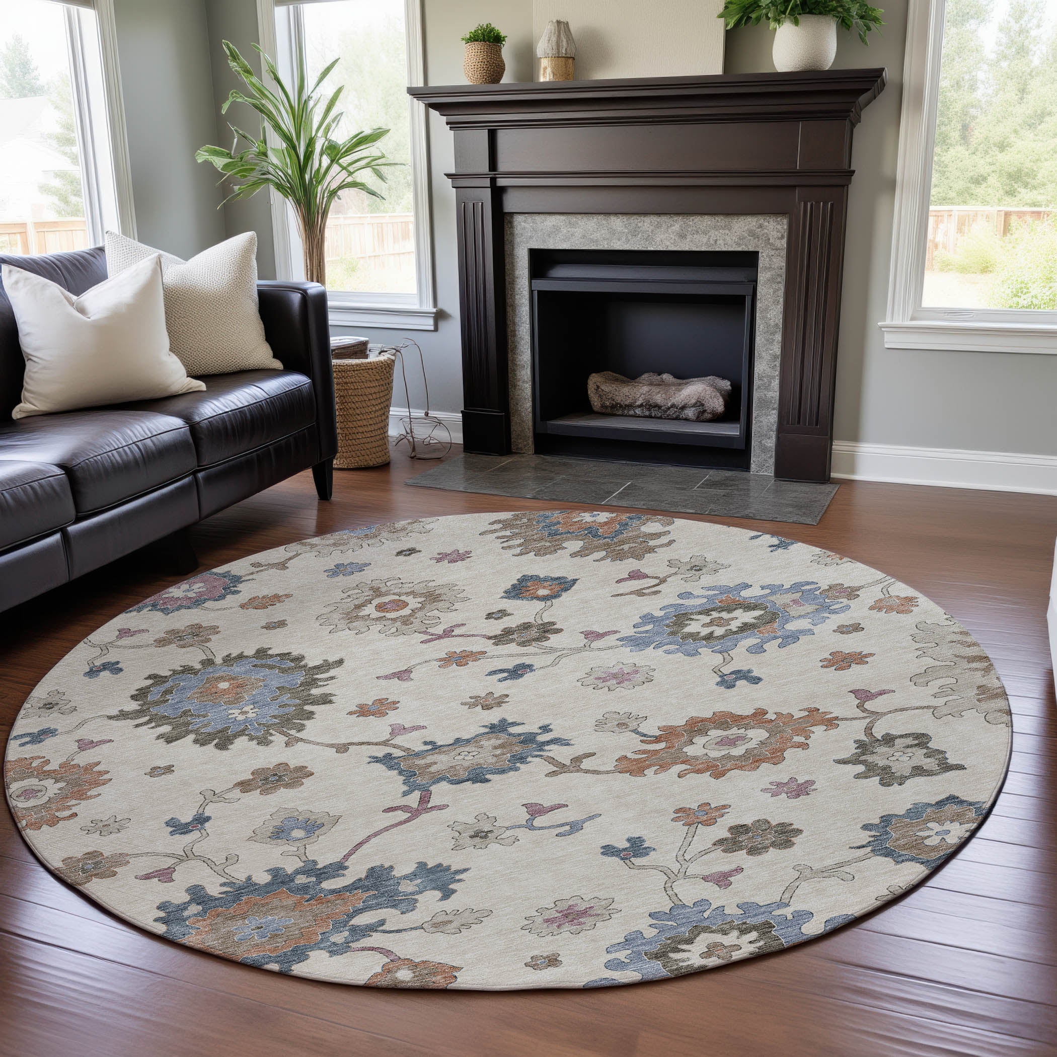 Lisbon Machine Washable Transitional Ivory Rug 8' x 8' #shape_Round