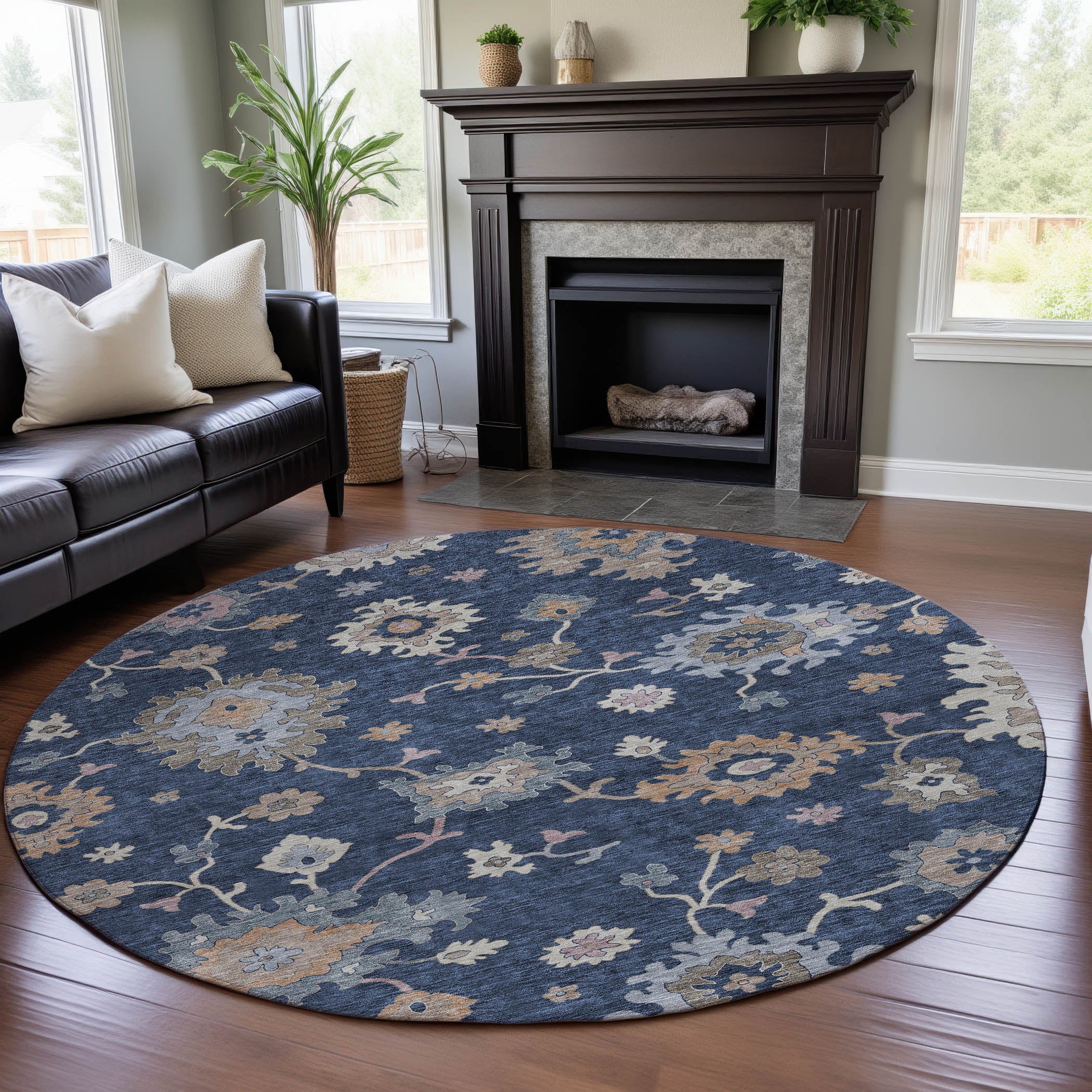 Lisbon Machine Washable Transitional Navy Blue Rug 8' x 8' #shape_Round