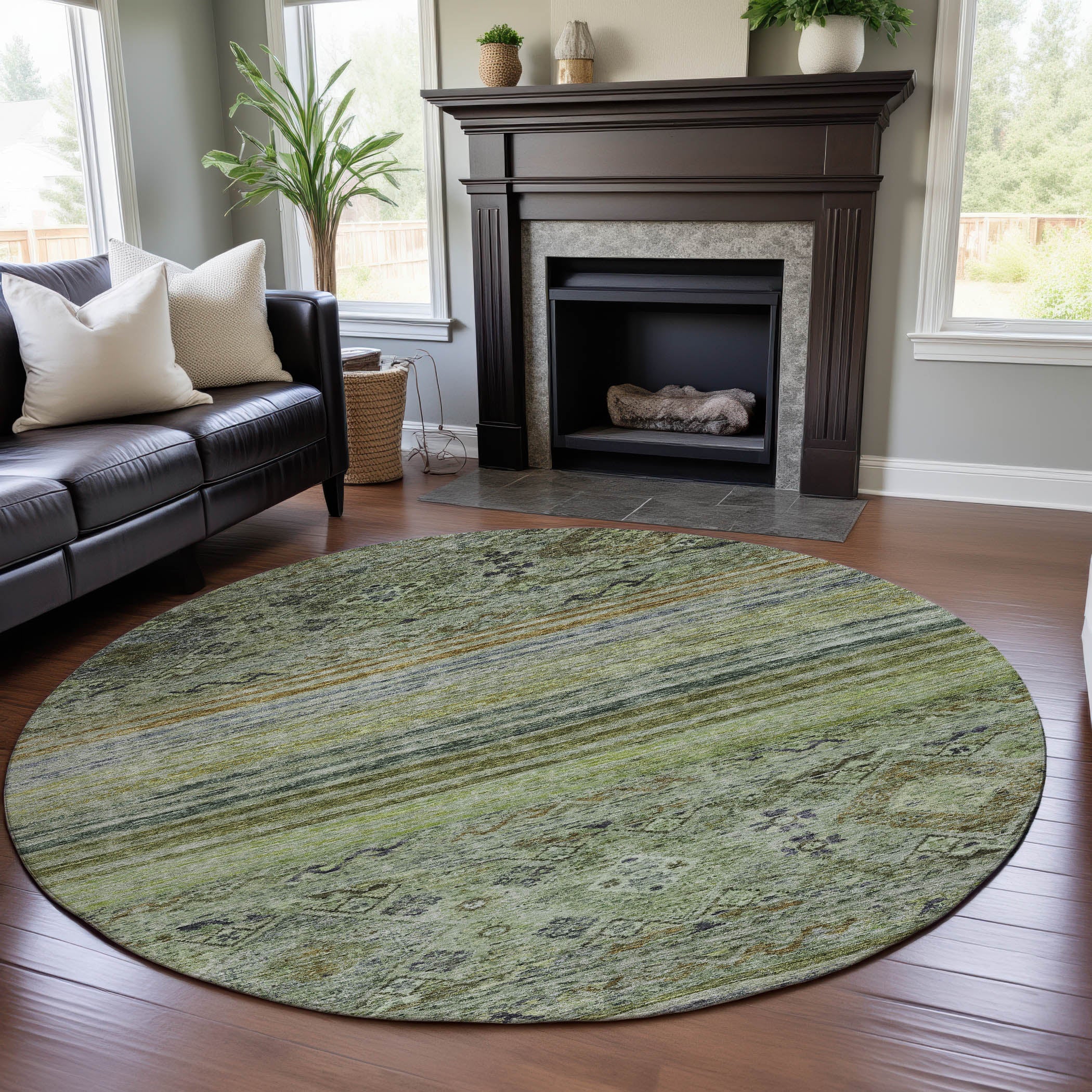 Marrakech Machine Washable Transitional Aloe Green Rug 8' x 8' #shape_Round
