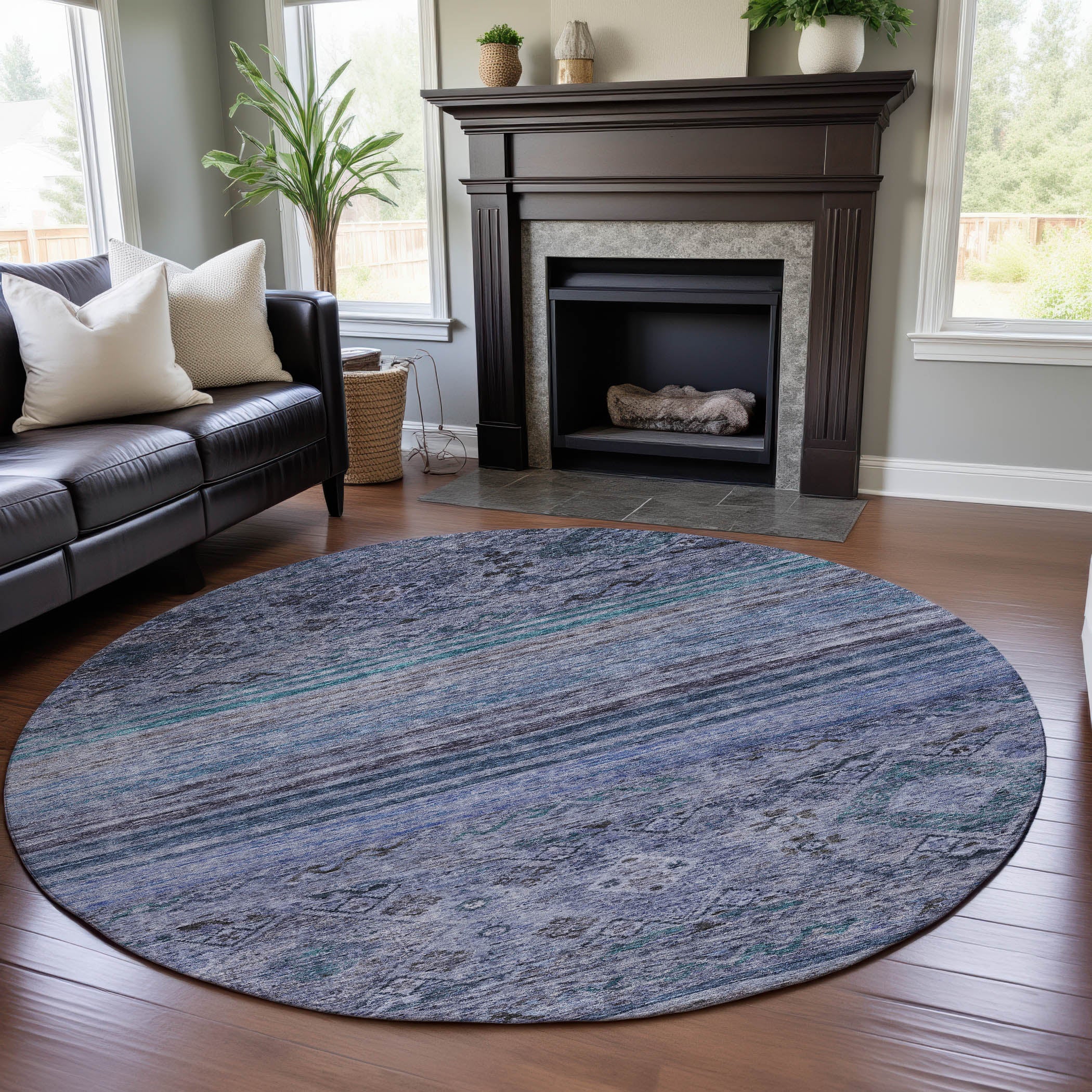 Marrakech Machine Washable Transitional Blue Rug 8' x 8' #shape_Round