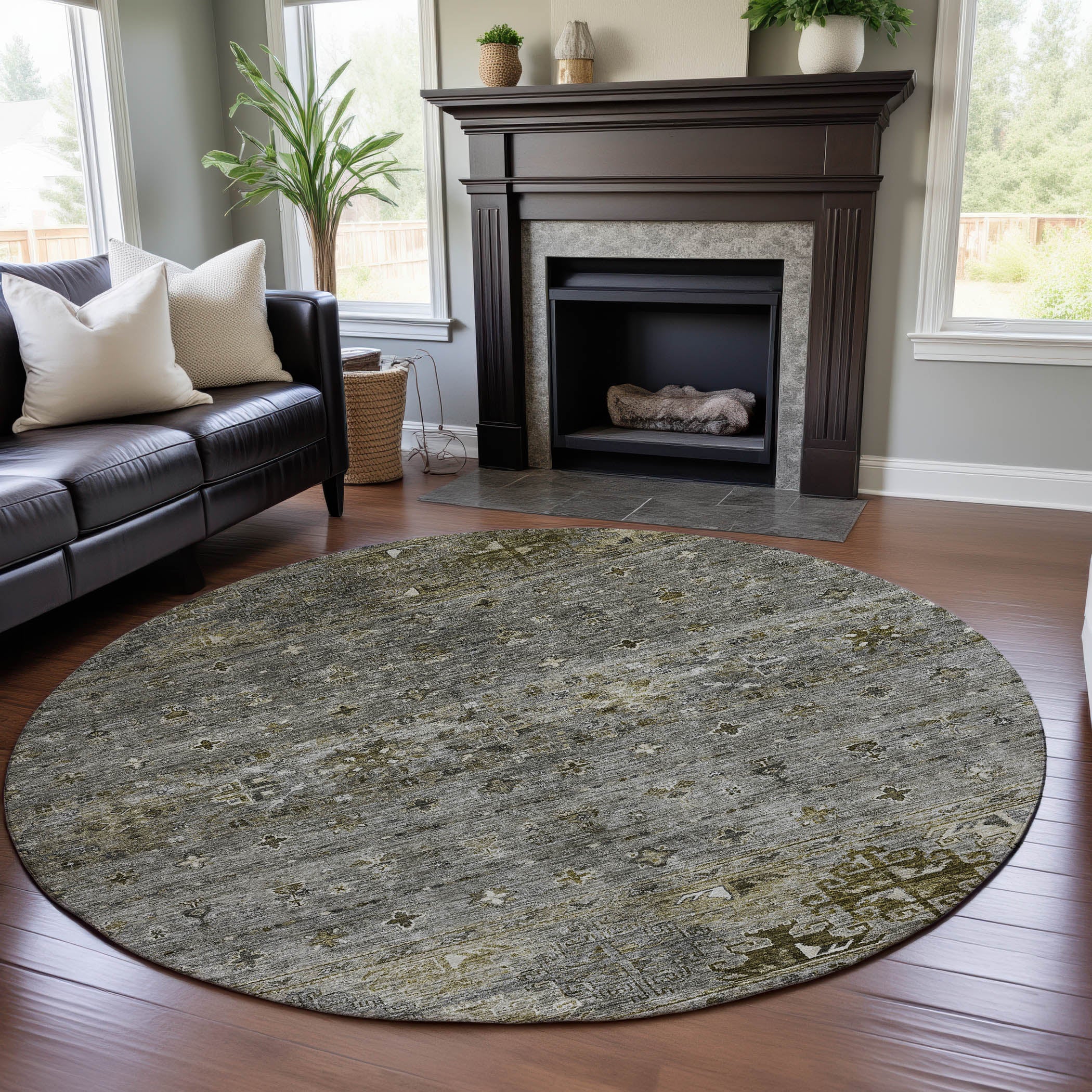 Seoul Machine Washable Transitional Pewter Gray Rug 8' x 8' #shape_Round