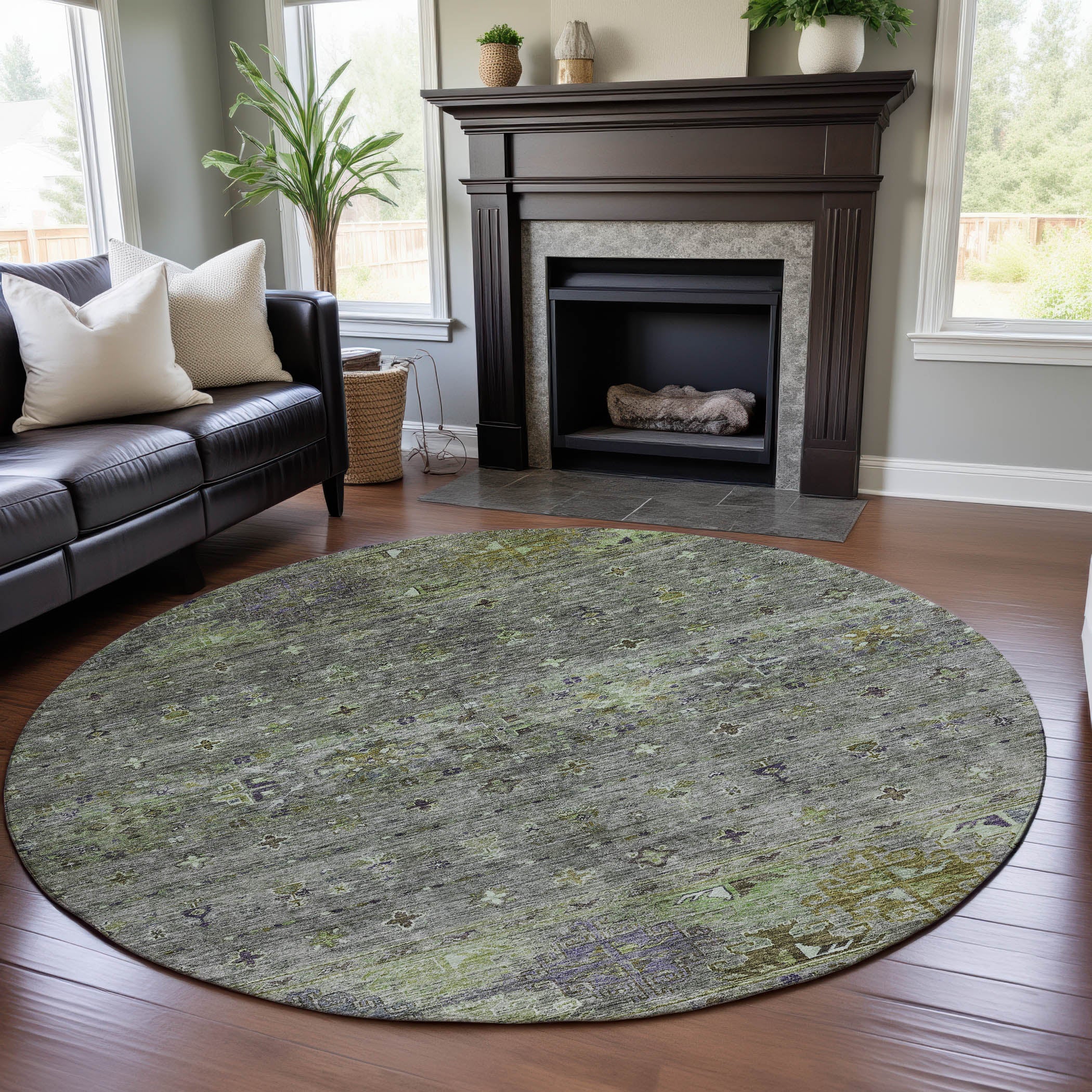 Seoul Machine Washable Transitional Sage Green Rug 8' x 8' #shape_Round