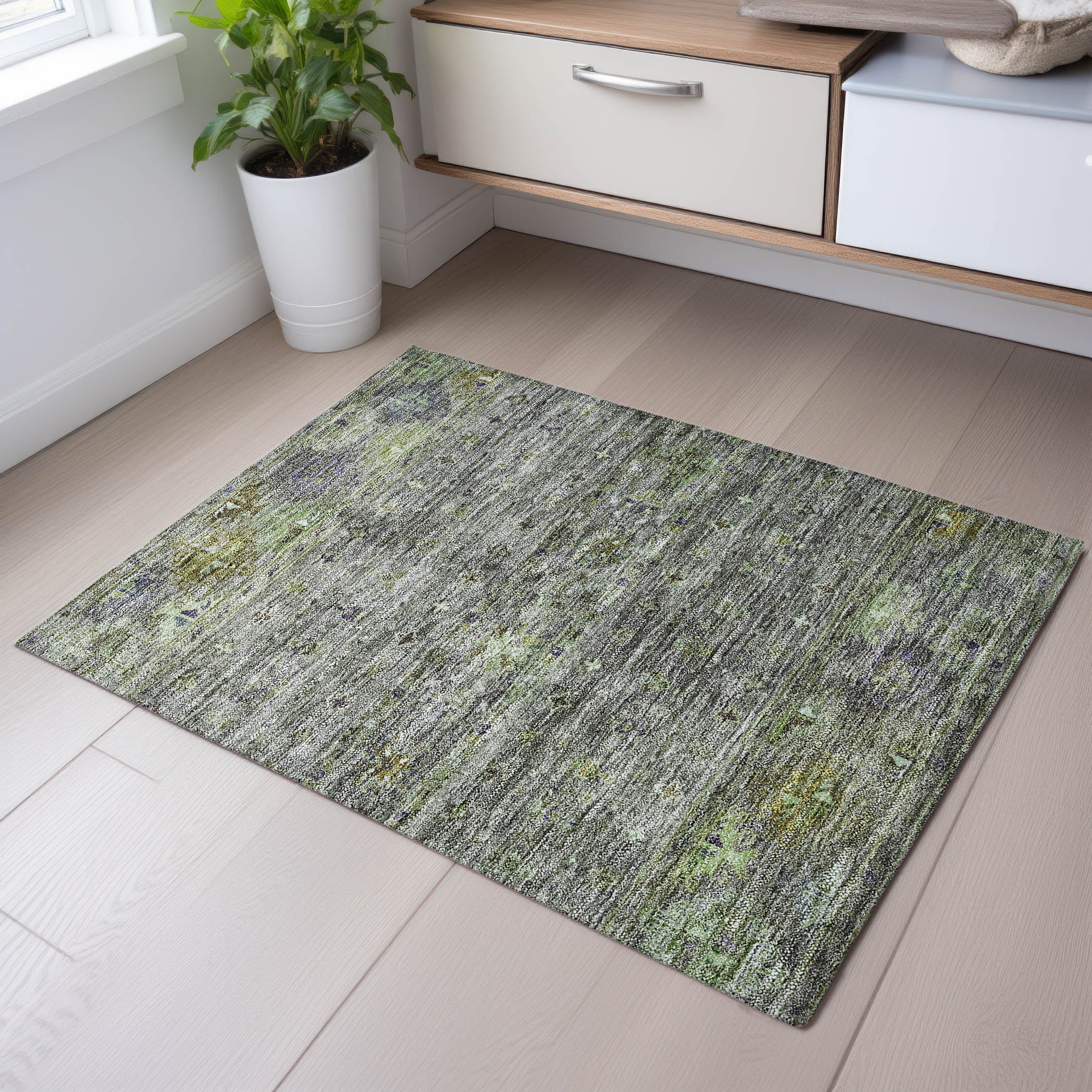 Seoul Machine Washable Transitional Sage Green Rug 1'8" x 2'6" #shape_Rectangle