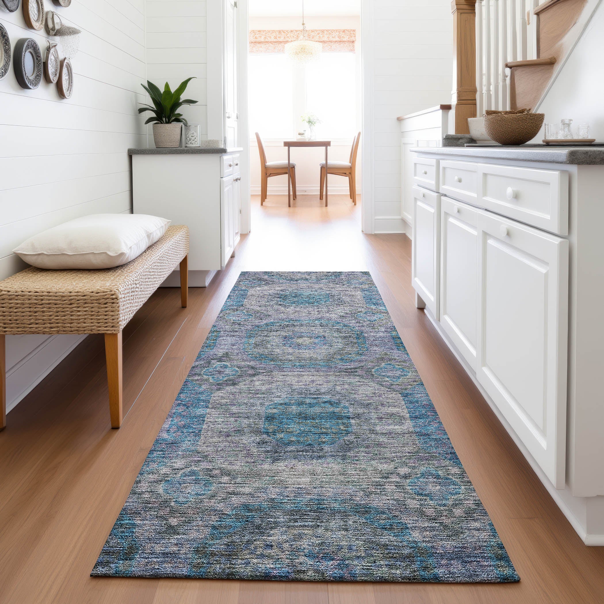 Siena Machine Washable Transitional Blue Rug 2'3" x 7'6" #shape_Runner