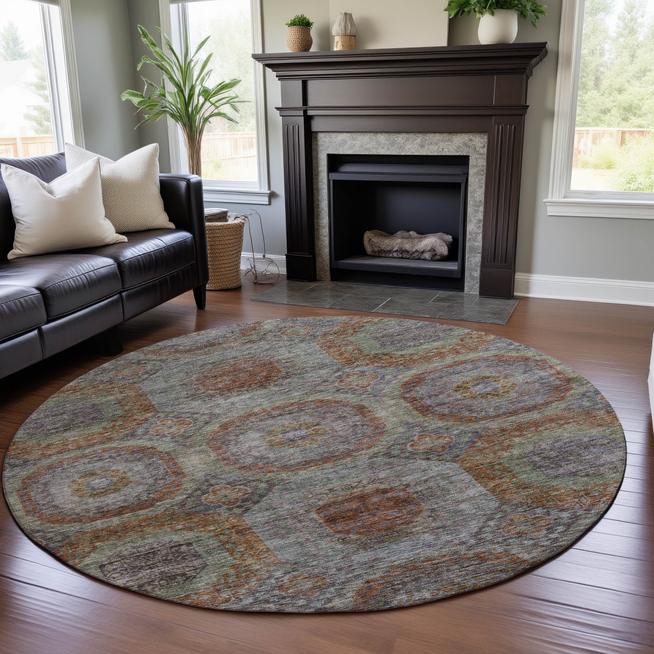 Siena Machine Washable Transitional Paprika Orange Rug 8' x 8' #shape_Round