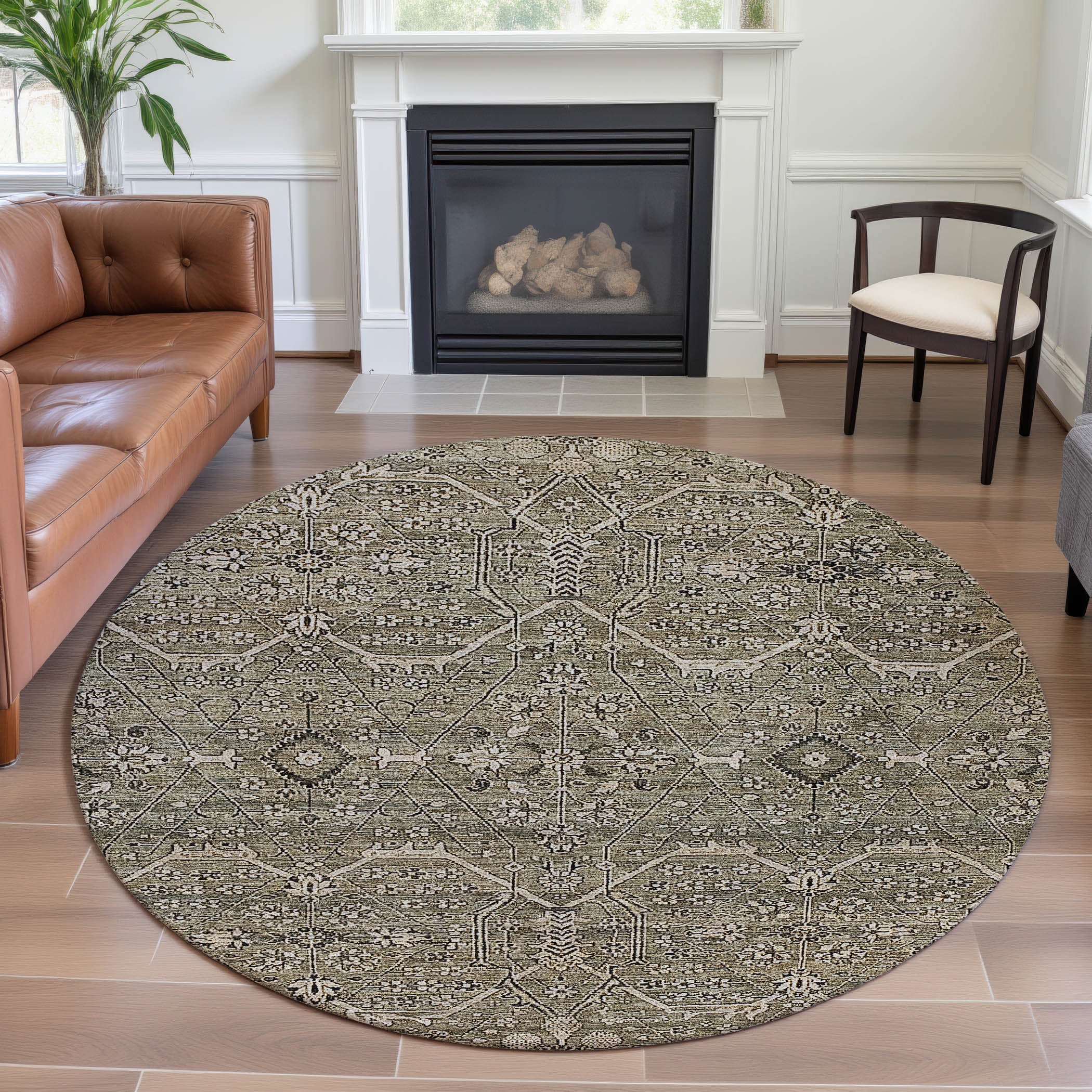 Reykjavik Machine Washable Traditional Khaki Brown Rug 8' x 8' #shape_Round
