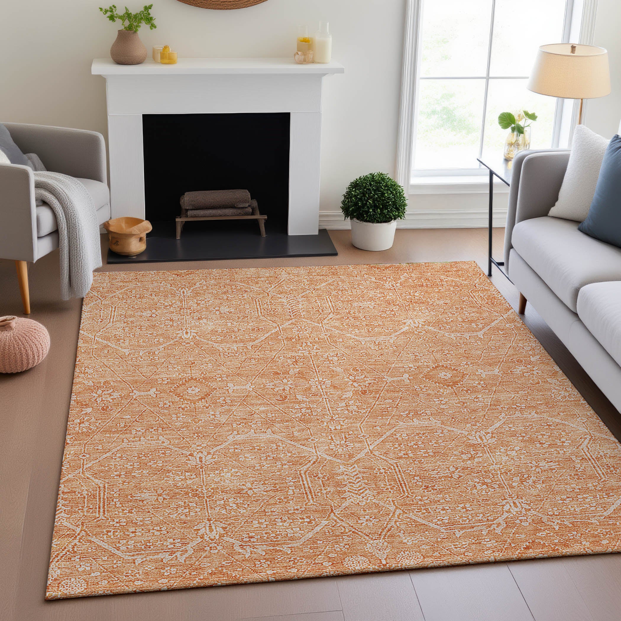 Kotor Machine Washable Traditional Salmon Orange Rug 2'6" x 3'10" #shape_Rectangle