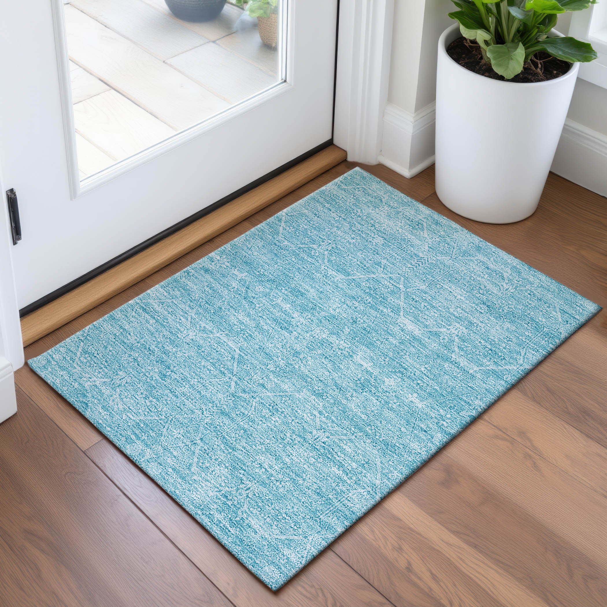 Kotor Machine Washable Traditional Sky Blue Rug 1'8" x 2'6" #shape_Rectangle